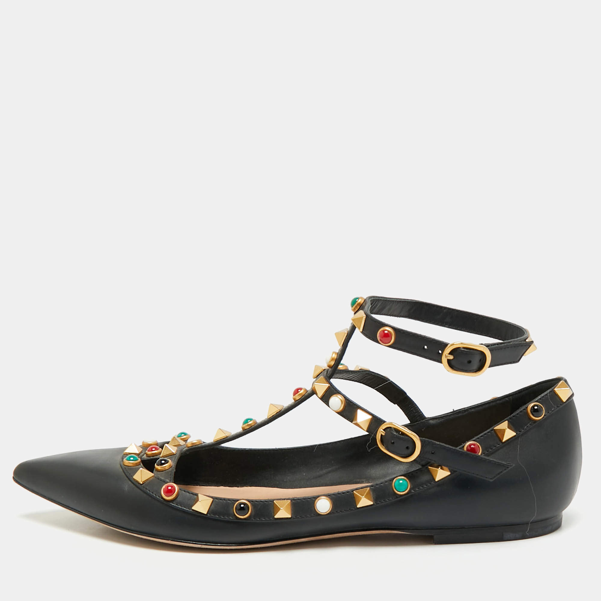 Pre Owned Valentino Black Leather Rockstud Rolling Ankle Strap Ballet Flats Size 39.5