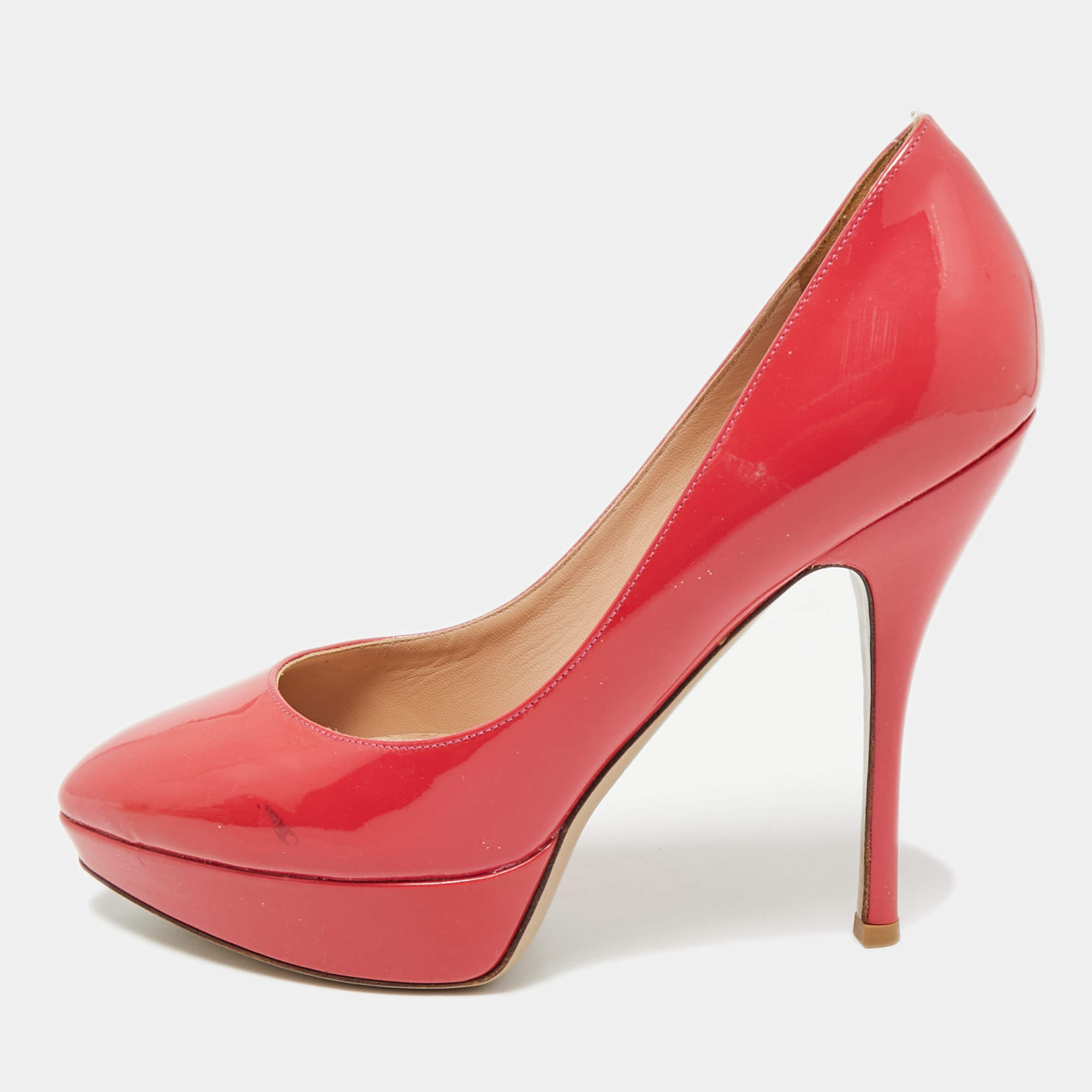 Pre Owned Valentino Coral Pink Patent Leather Platform Pumps Size 39