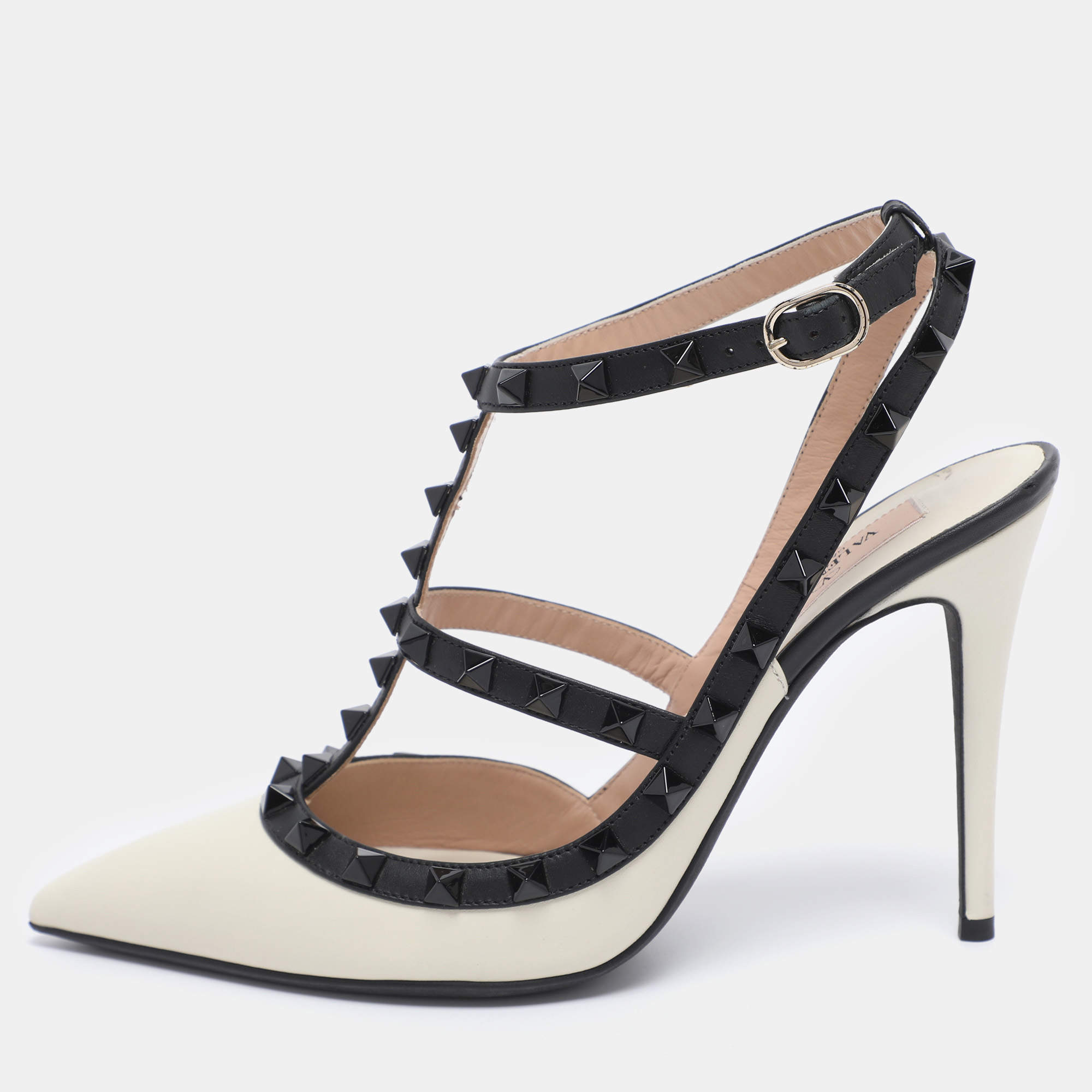 Pre Owned Valentino Off White/Black Leather Rockstud Ankle Strap Pumps Size 38