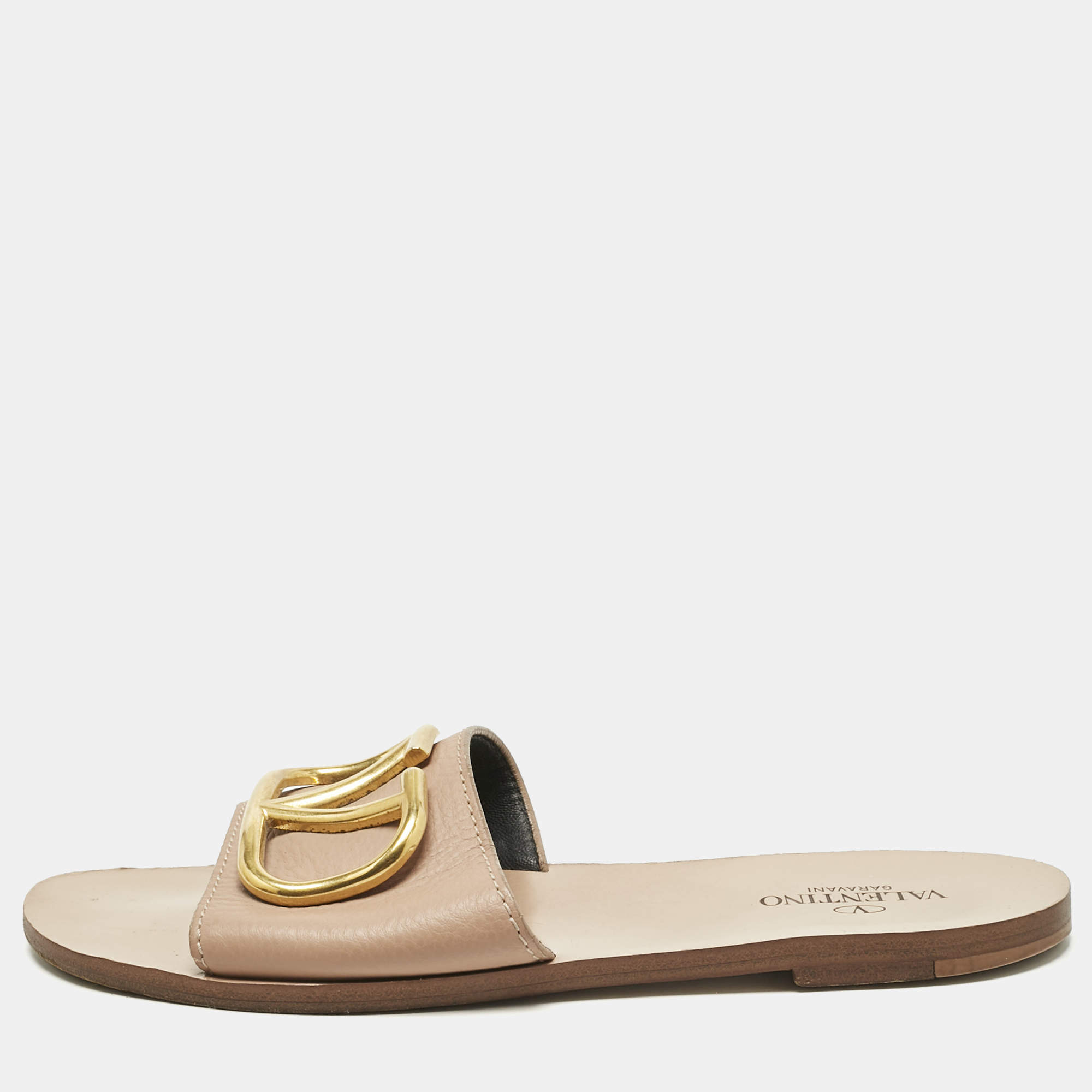 Pre Owned Valentino Beige Leather Vlogo Signature Flat Slide Sandals Size 37