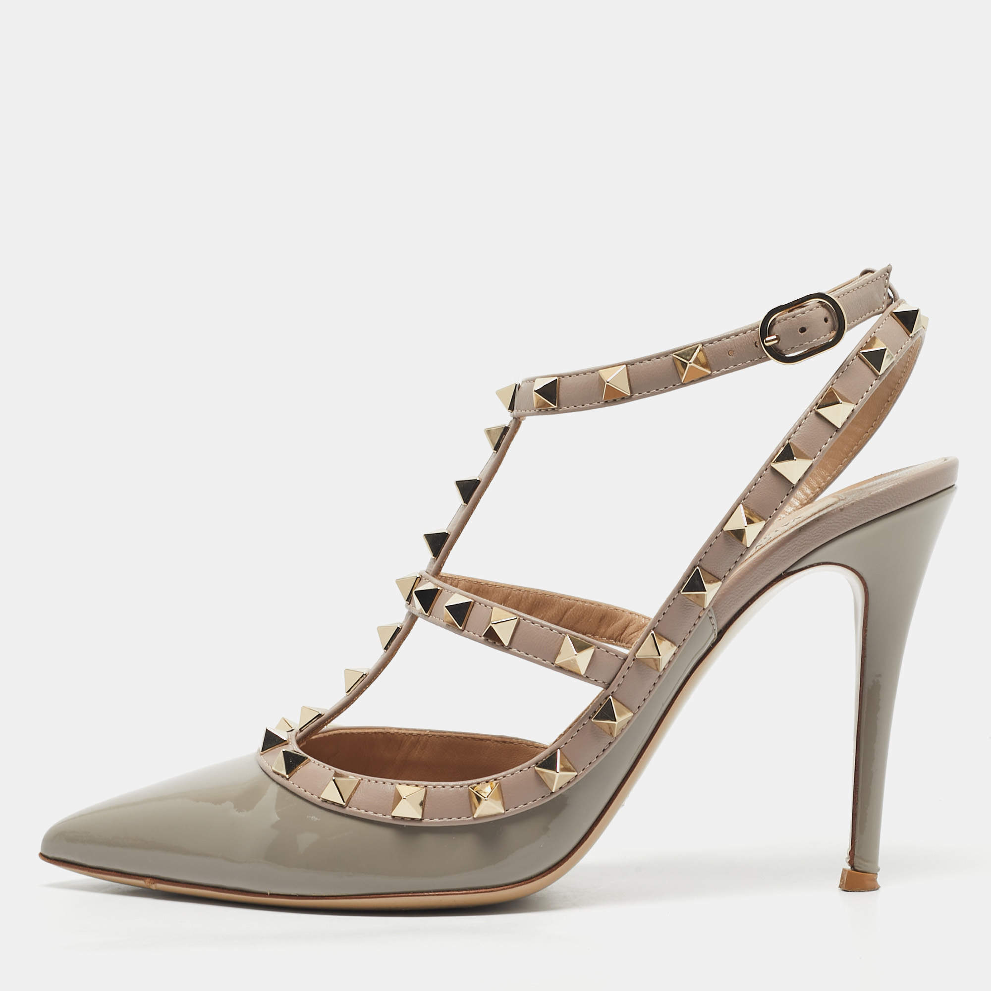 Pre Owned Valentino Grey/Beige Patent and Leather Rockstud Ankle Strap Pumps Size 39