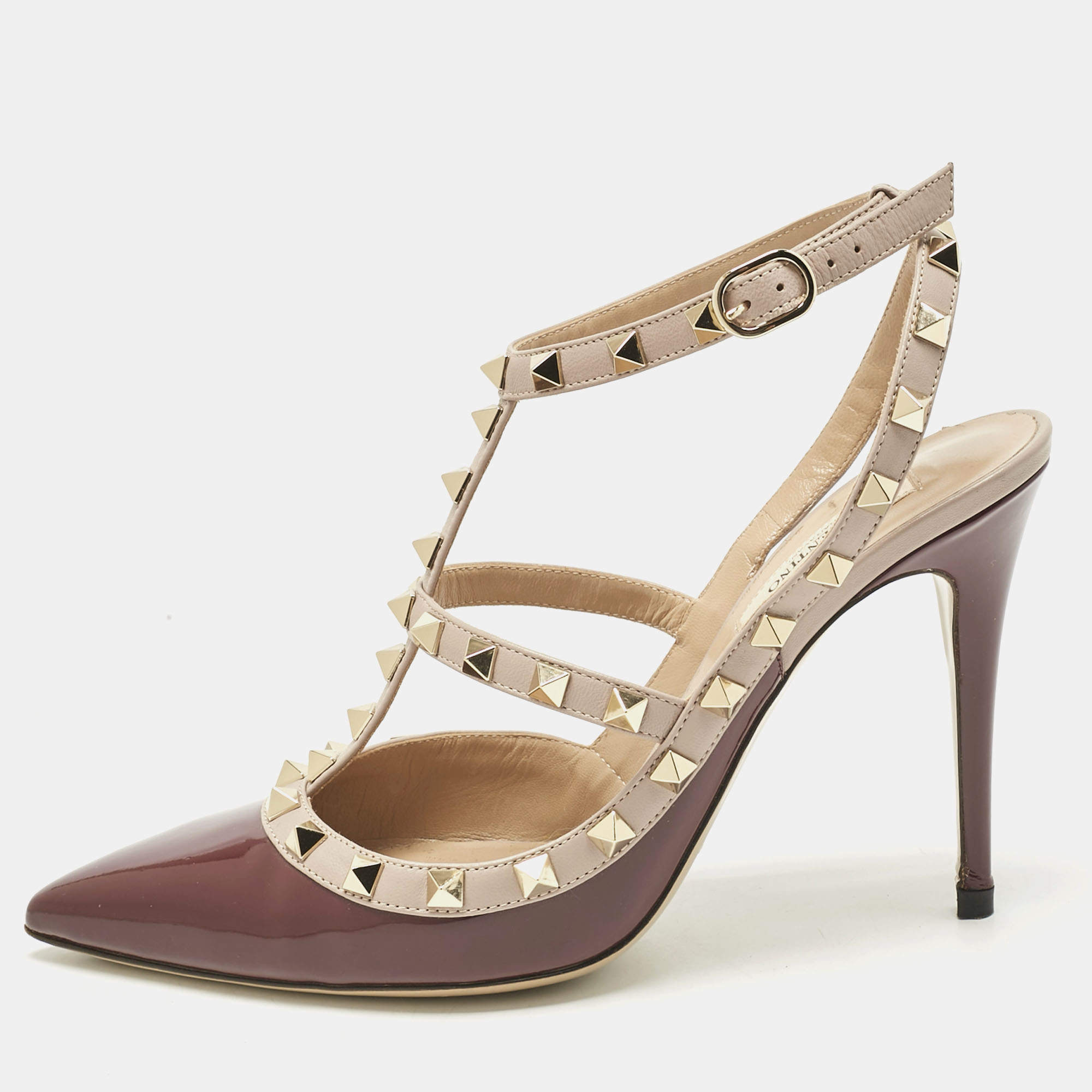 Pre Owned حذاء كعب عالي فالنتينو جلد برغندي/بيج لامع سير كاحل مرصع روكستد مقاس 38