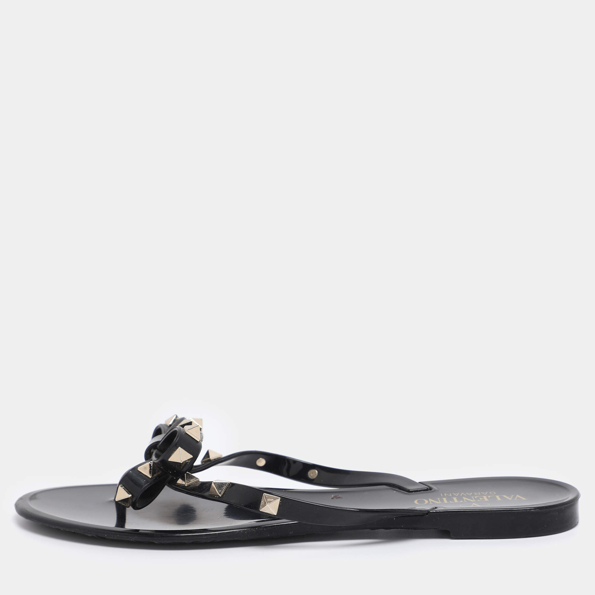 Pre Owned Valentino Black Jelly Rockstud Bow Thong Flats Size 39