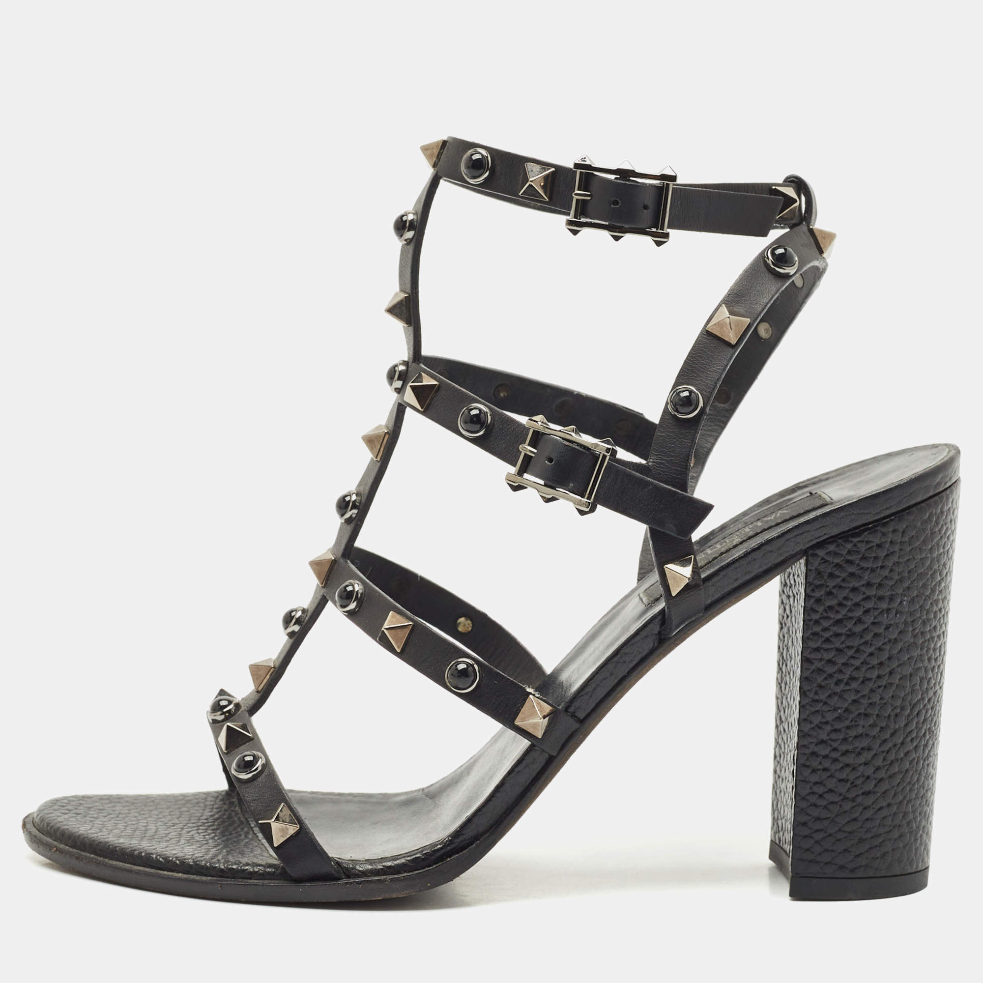 Pre Owned Valentino Black Leather Rockstud Block Heel Strappy Sandals Size 39.5