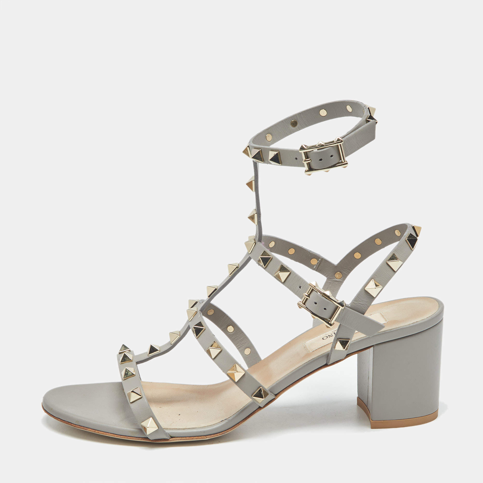 Pre Owned Valentino Grey Leather Rockstud Ankle Strap Sandals Size 39.5