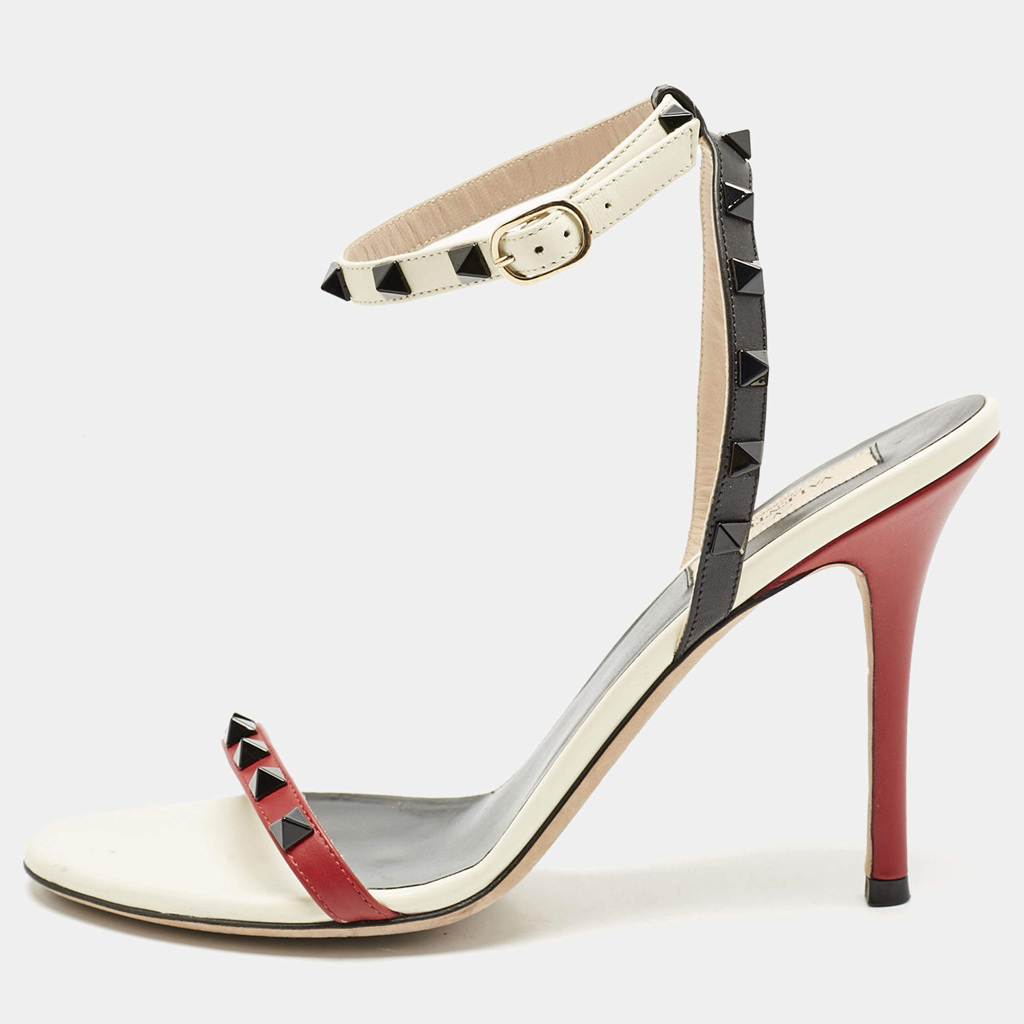 Pre Owned Valentino Tricolor Leather Rockstud Ankle Strap Sandals Size 40