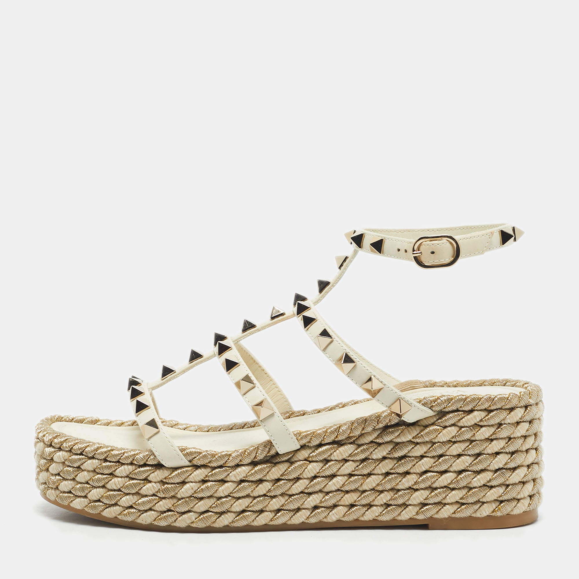 Pre Owned Valentino Cream Leather Rockstud Wedge Sandals Size 36