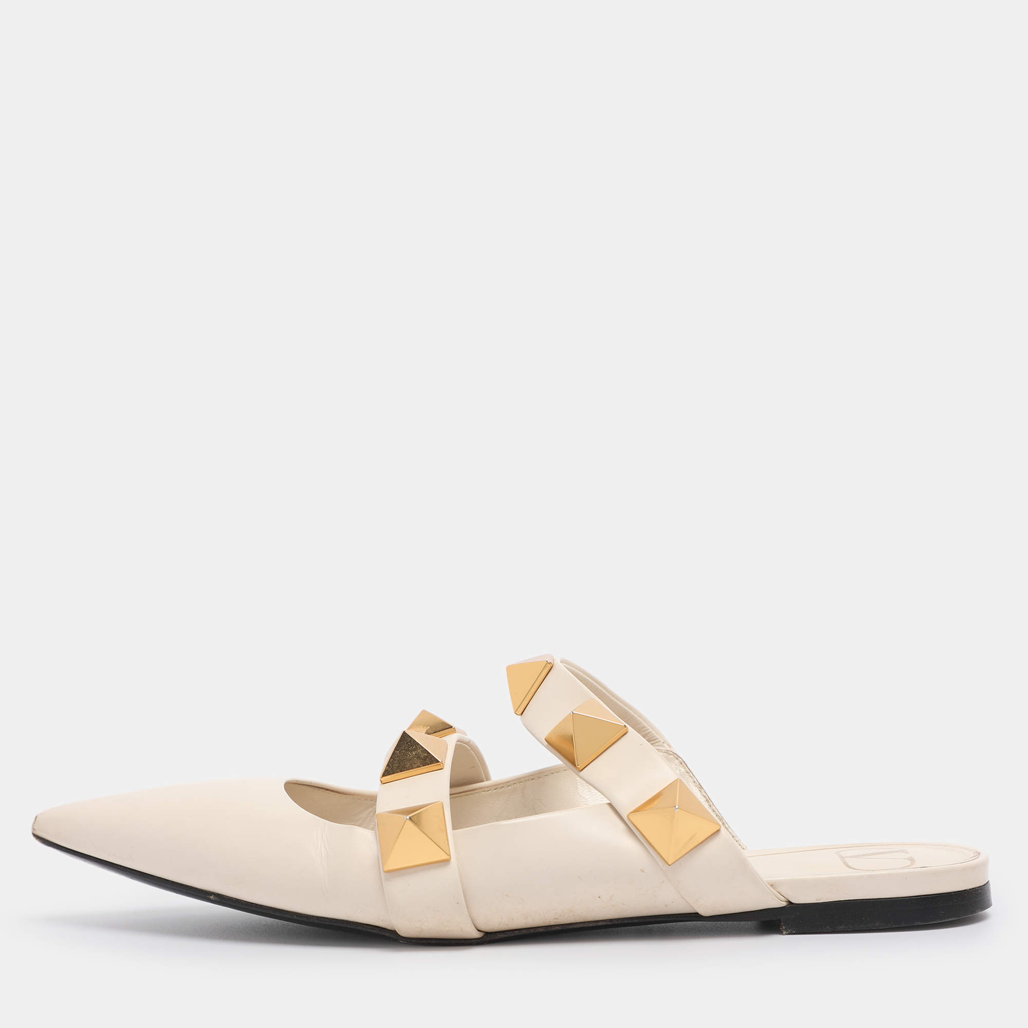 Pre Owned Valentino Cream Leather Roman Stud Flat Mules Size 38