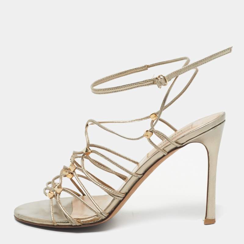 Pre Owned Valentino Gold Leather Studded Lace Up Sandals Size 36.5