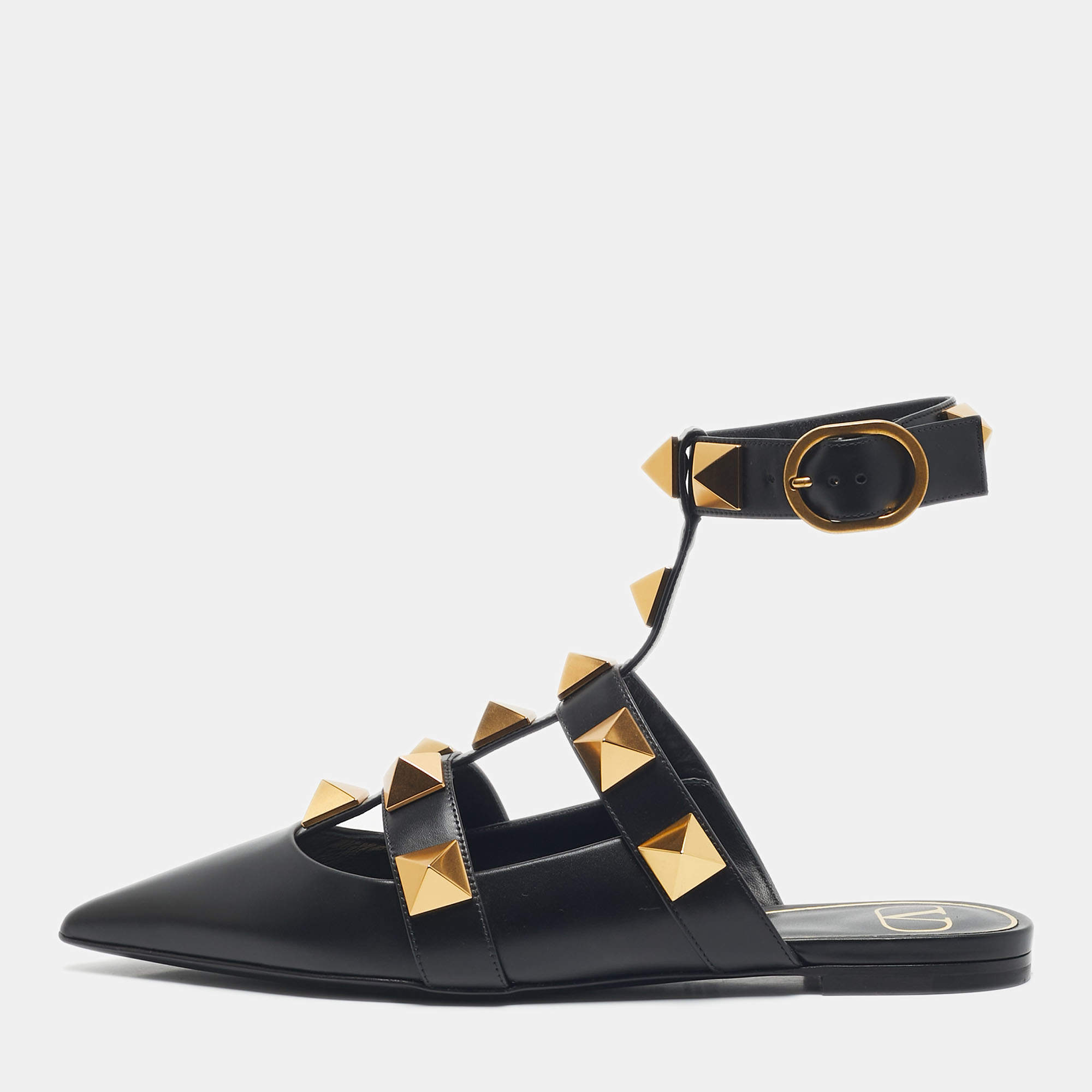 Pre Owned Valentino Black Leather Roman Stud Ankle Strap Flats Size 39