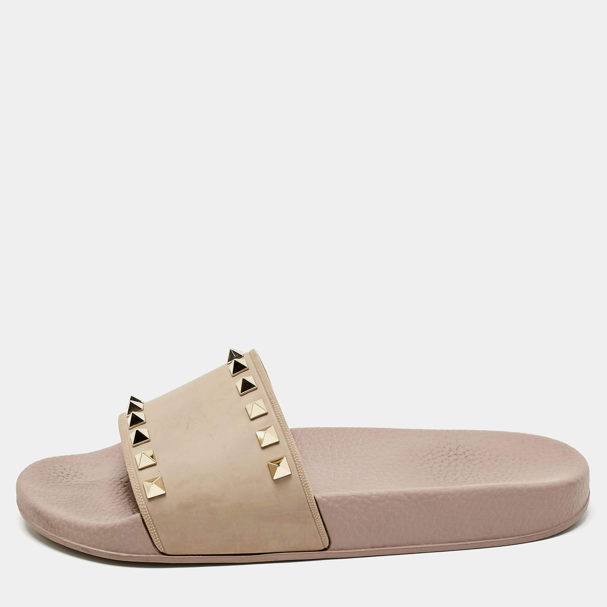 Pre Owned Valentino Dusty Pink Rubber Rockstud Slides Size 38