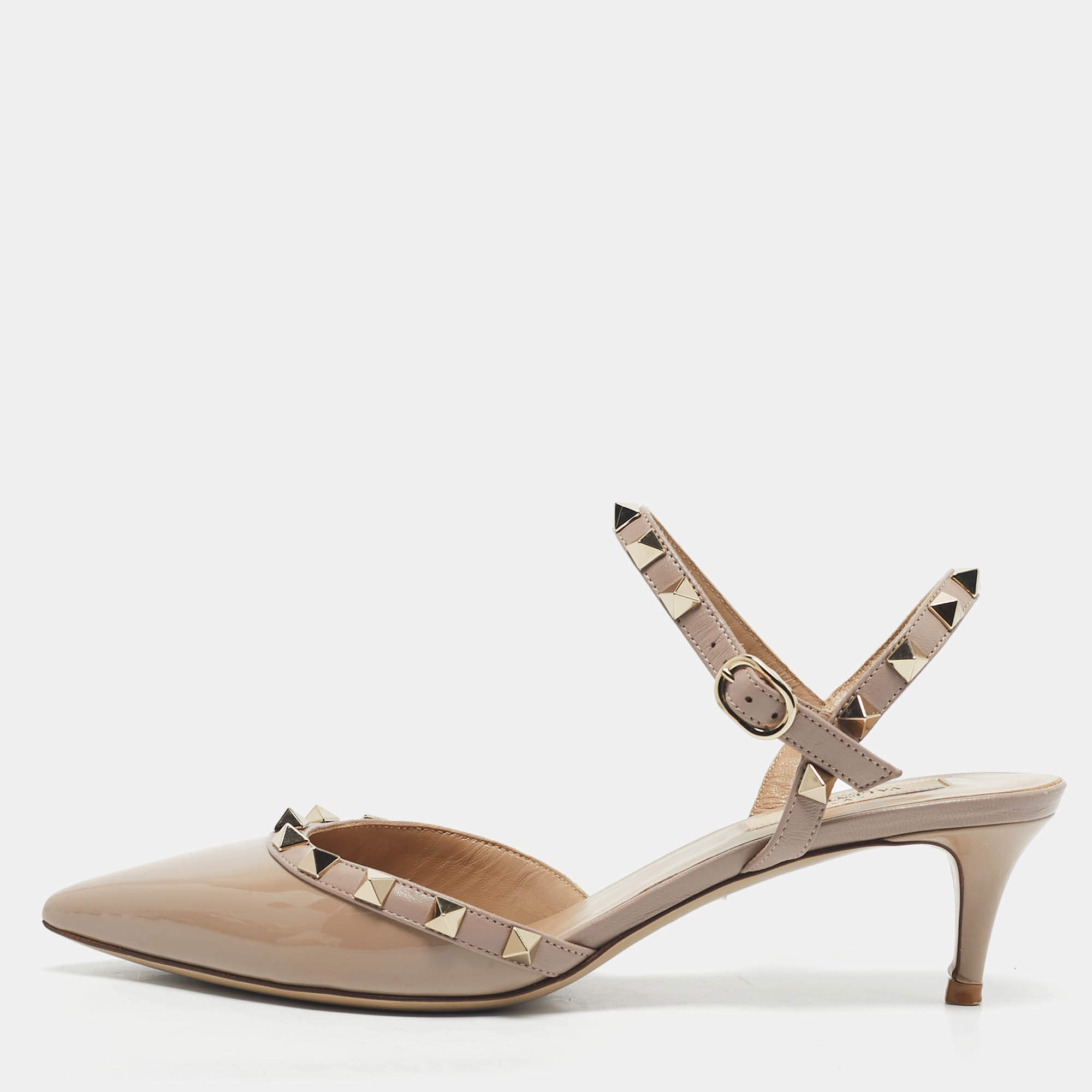 Pre Owned Valentino Beige Leather and Patent Leather Rockstud Caged Pumps Size 37.5