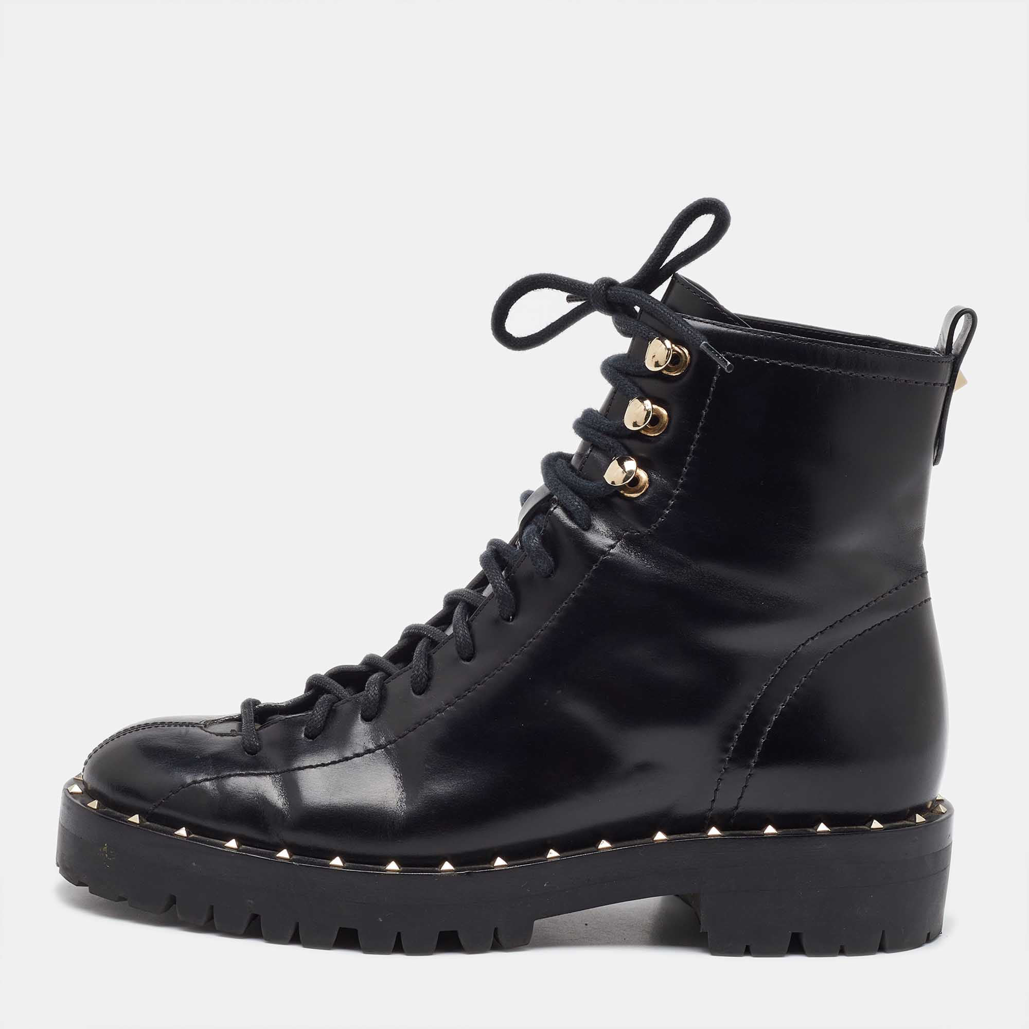 Pre Owned Valentino Black Leather Rockstud Lace Up Ankle Combat Boots Size 36