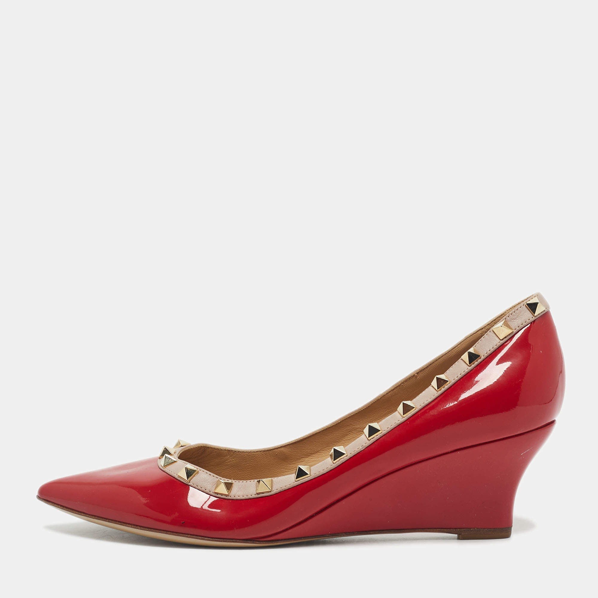 Pre Owned Valentino Red/Beige Patent and Leather Wedge Rockstud Pumps Size 39.5