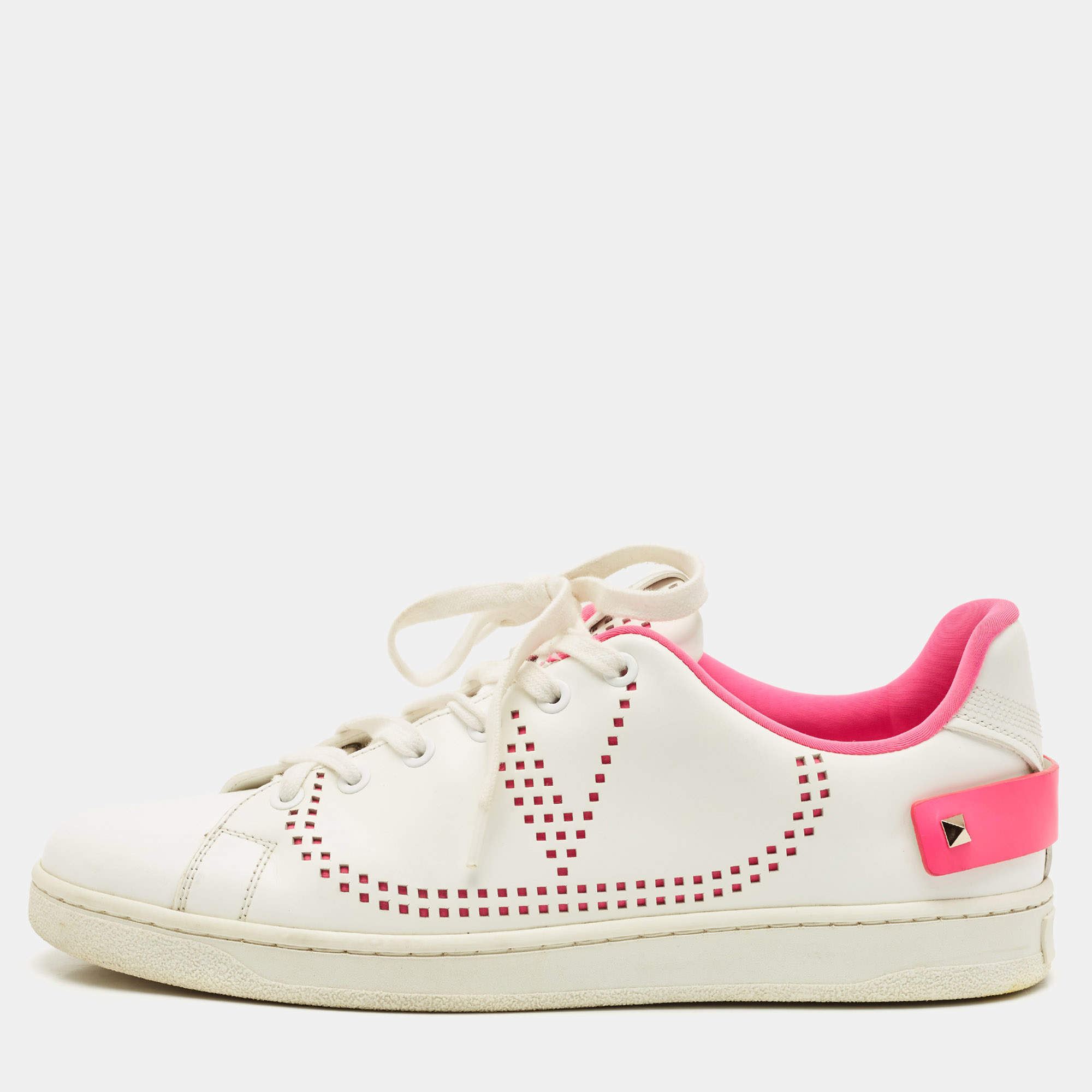 Pre Owned Valentino White/Pink Leather Rockstud Sneakers Size 40.5