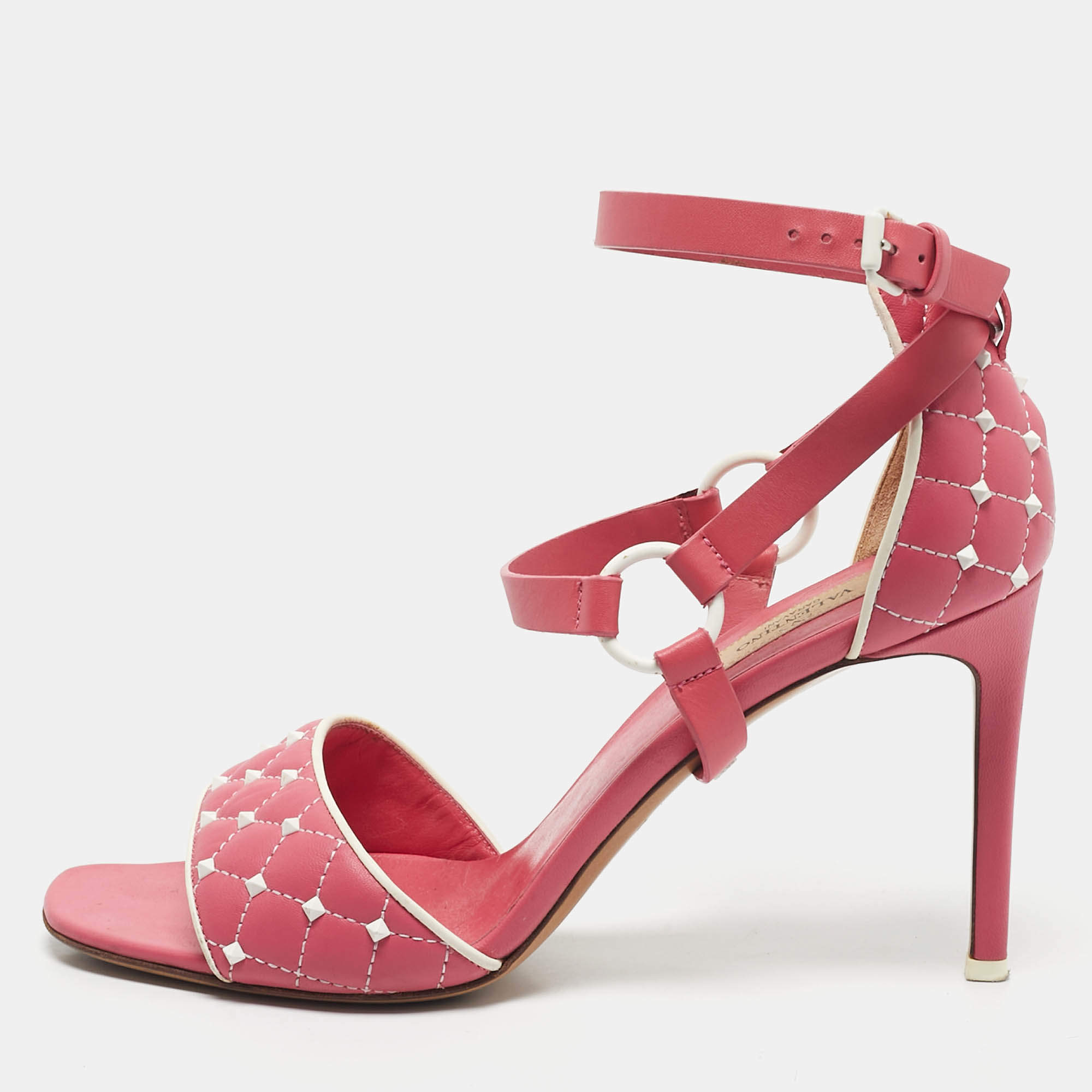 Pre Owned Valentino Pink/White Leather Rockstud Ankle Strap Sandals Size 39