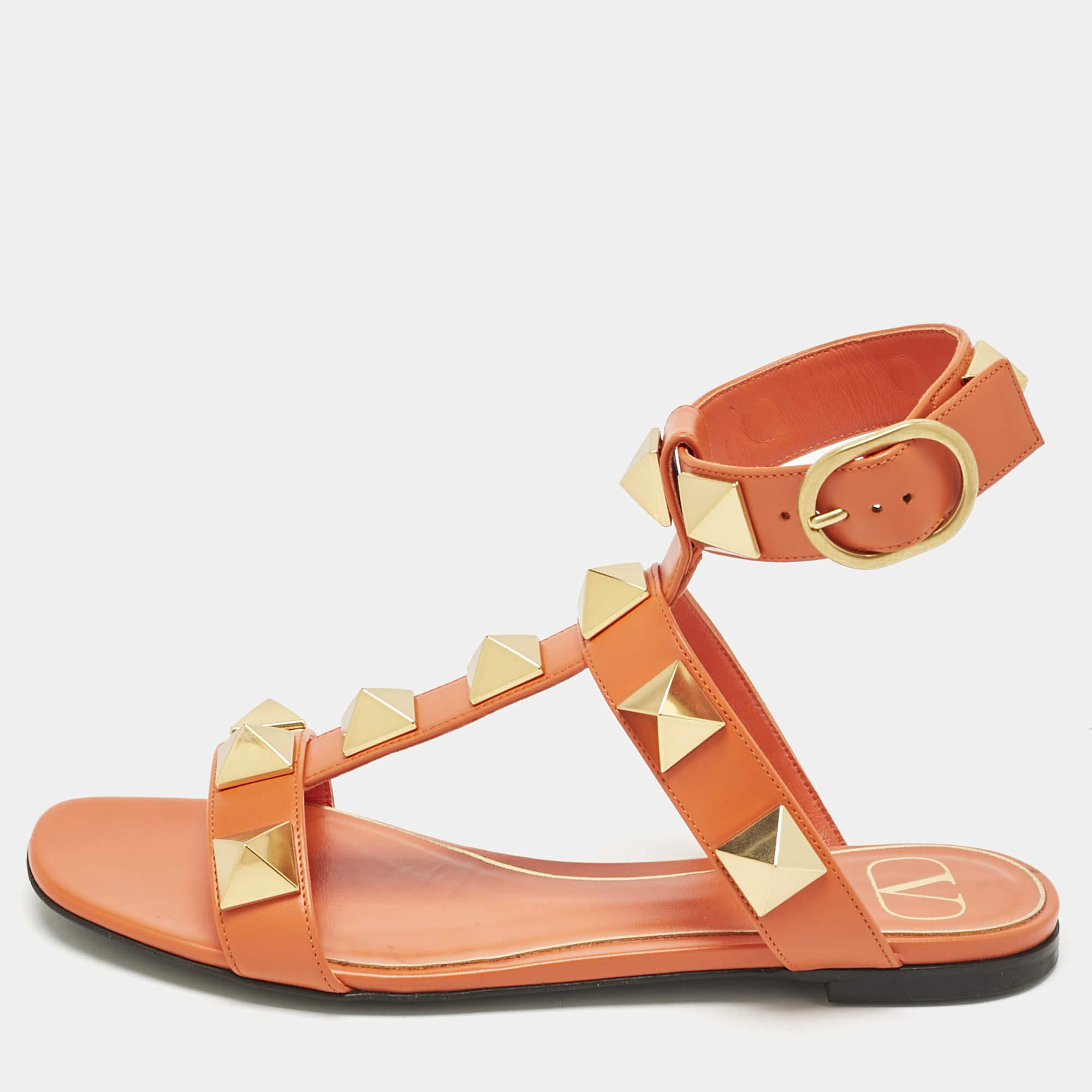 Pre Owned Valentino Orange Leather Roman Stud Ankle Strap Flat Sandals Size 36