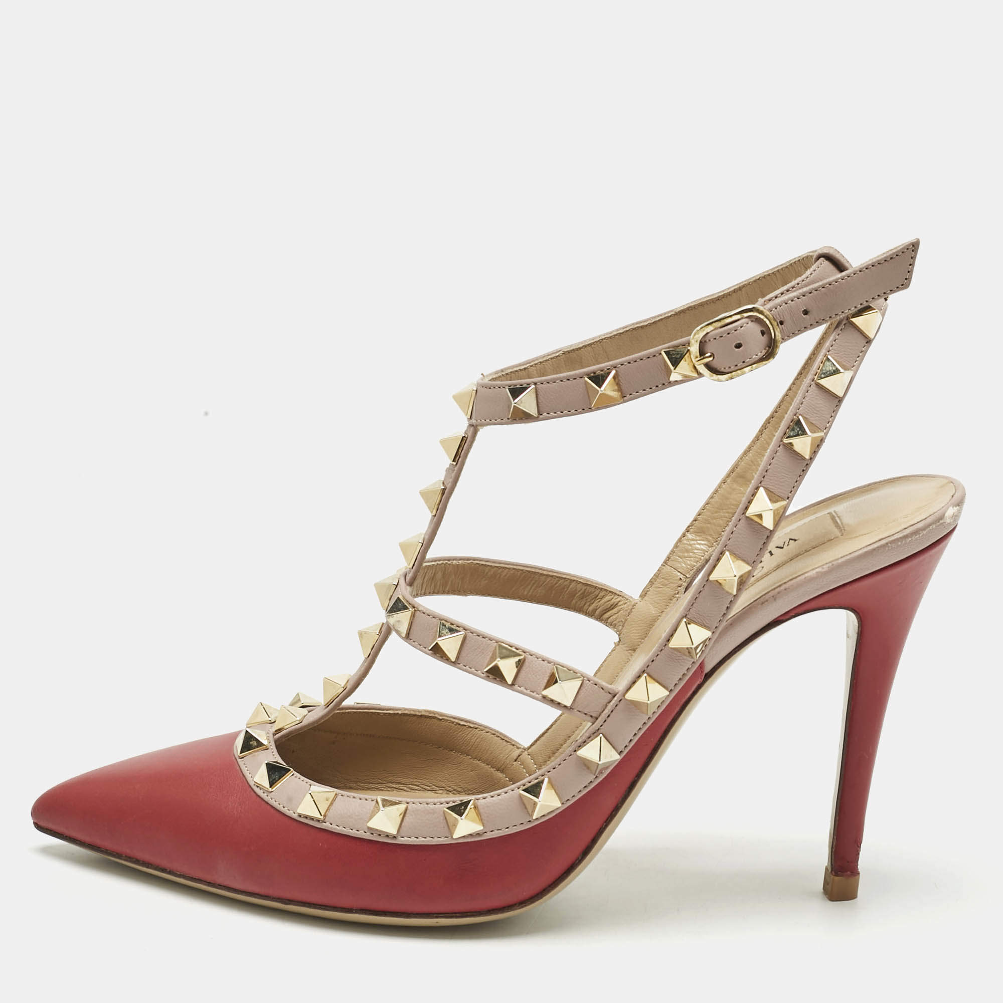 Pre Owned Valentino Red/Pink Leather Rockstud Caged Pumps Size 38