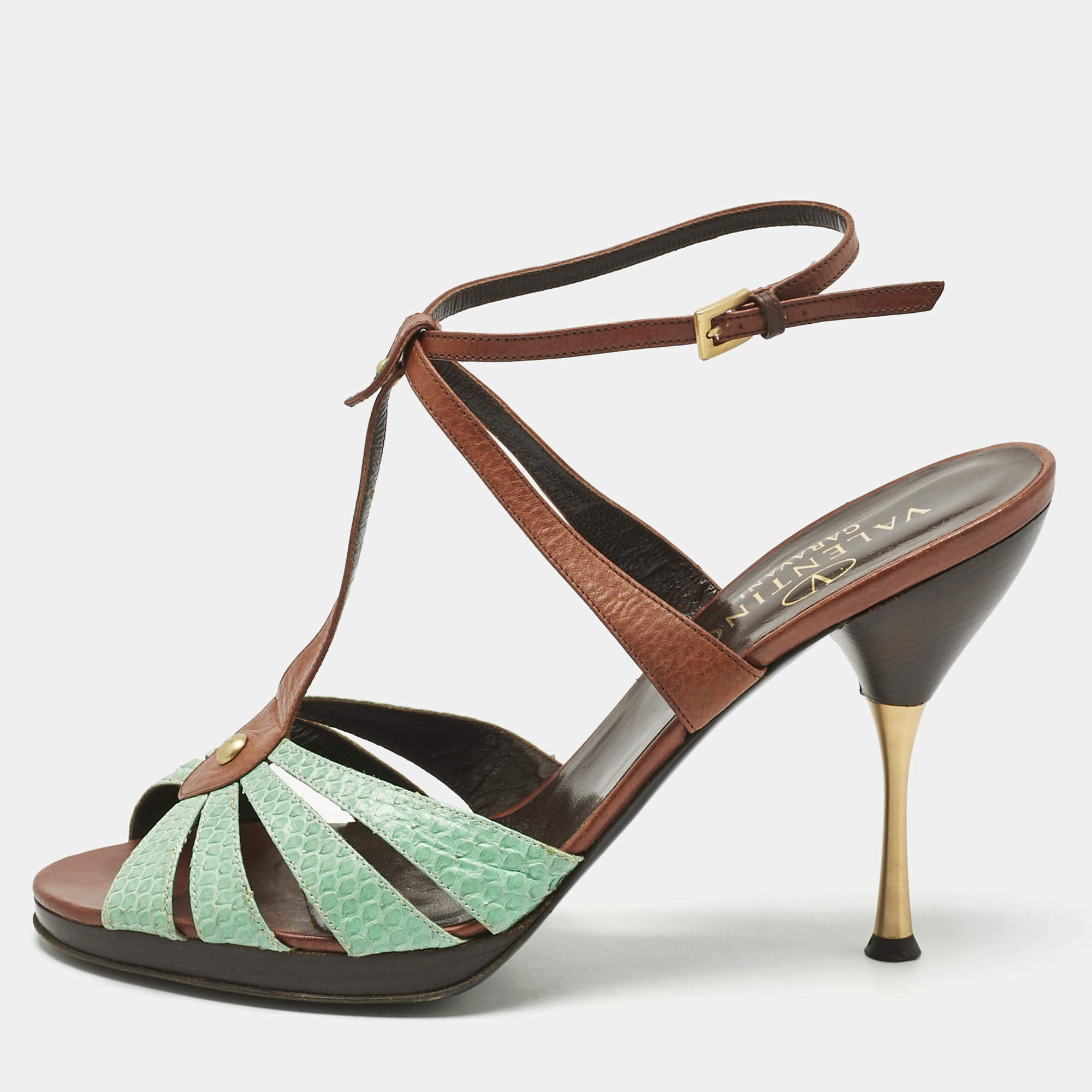 Pre Owned Valentino Brown/Mint Green Leather and Python T Strap Sandals Size 41