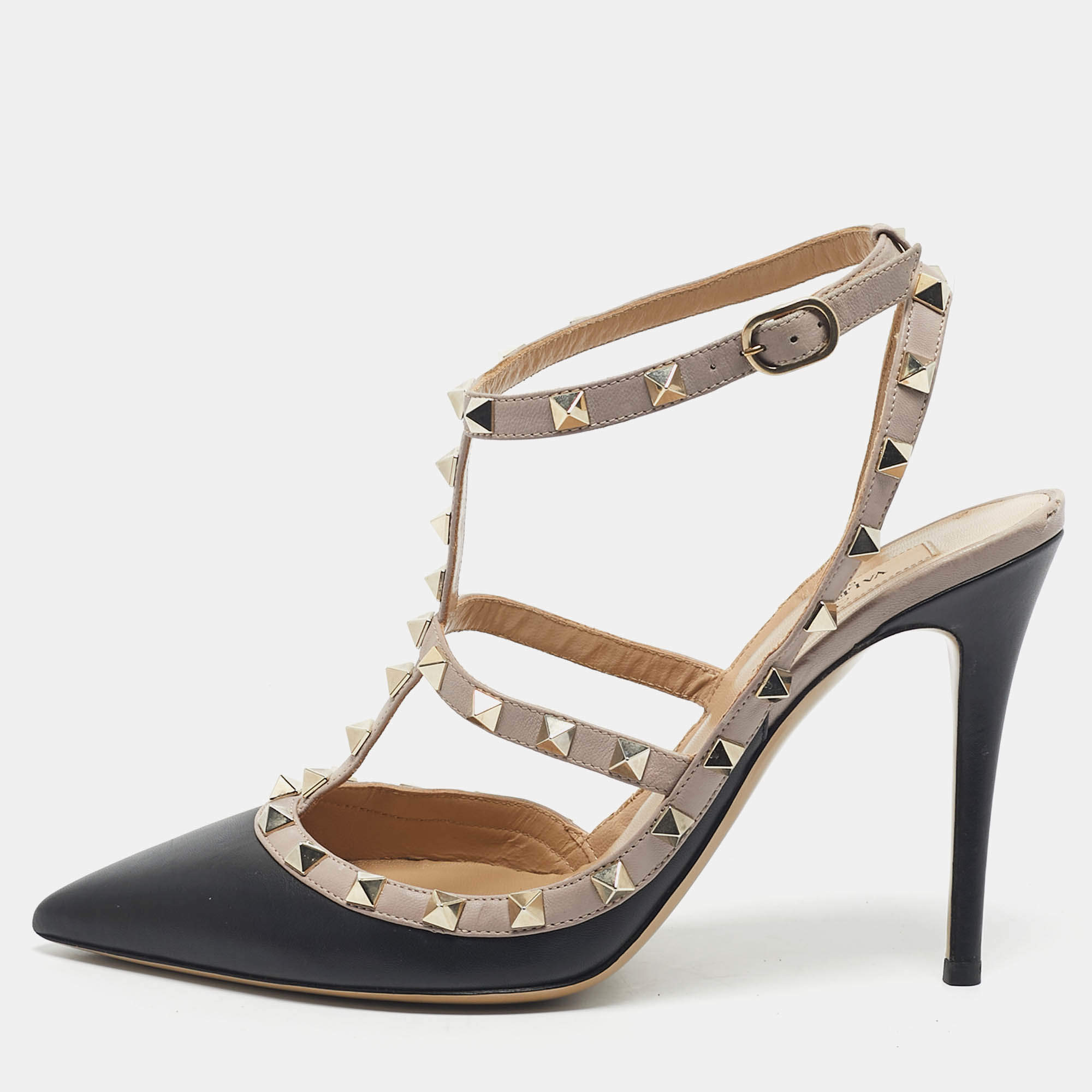 Pre Owned Valentino Black/Beige Leather Rockstud Caged Pumps Size 40