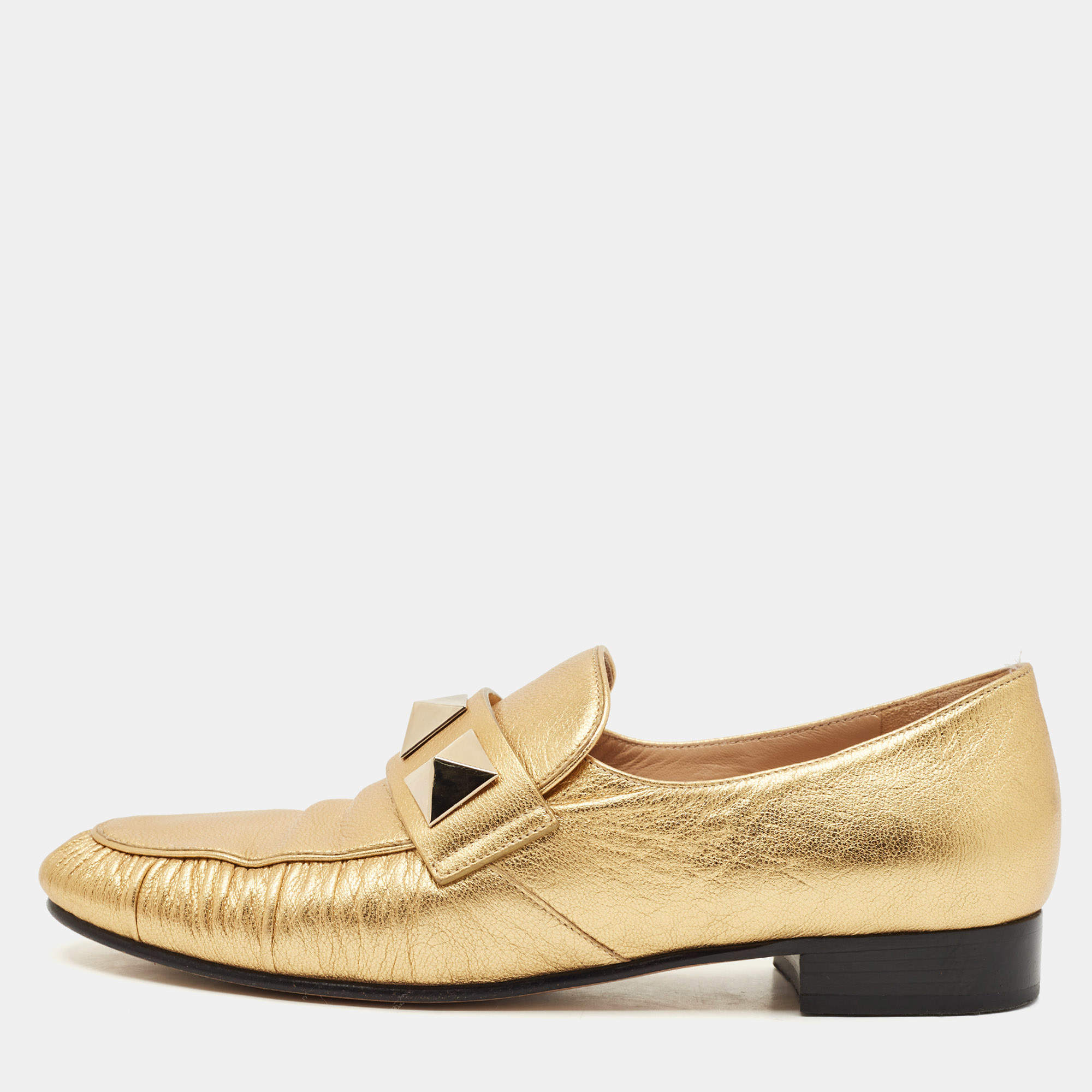 Pre Owned Valentino Metallic Gold Leather Rockstud Slip On Loafers Size 36