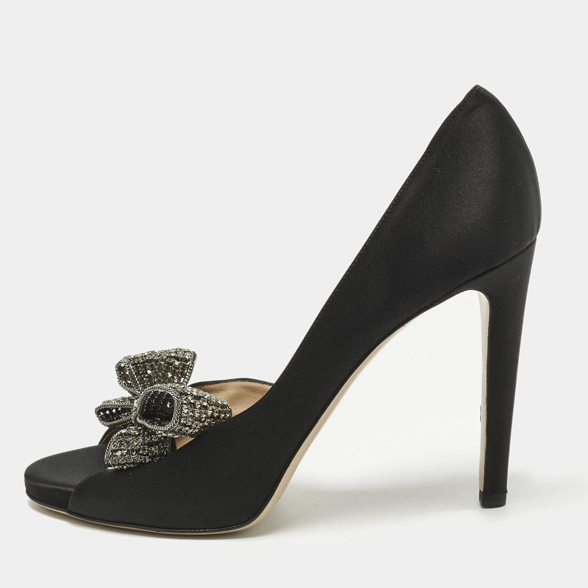 Pre Owned Valentino Black Satin Crystal Embellished Bow Peep Toe D'orsay Pumps Size 39.5
