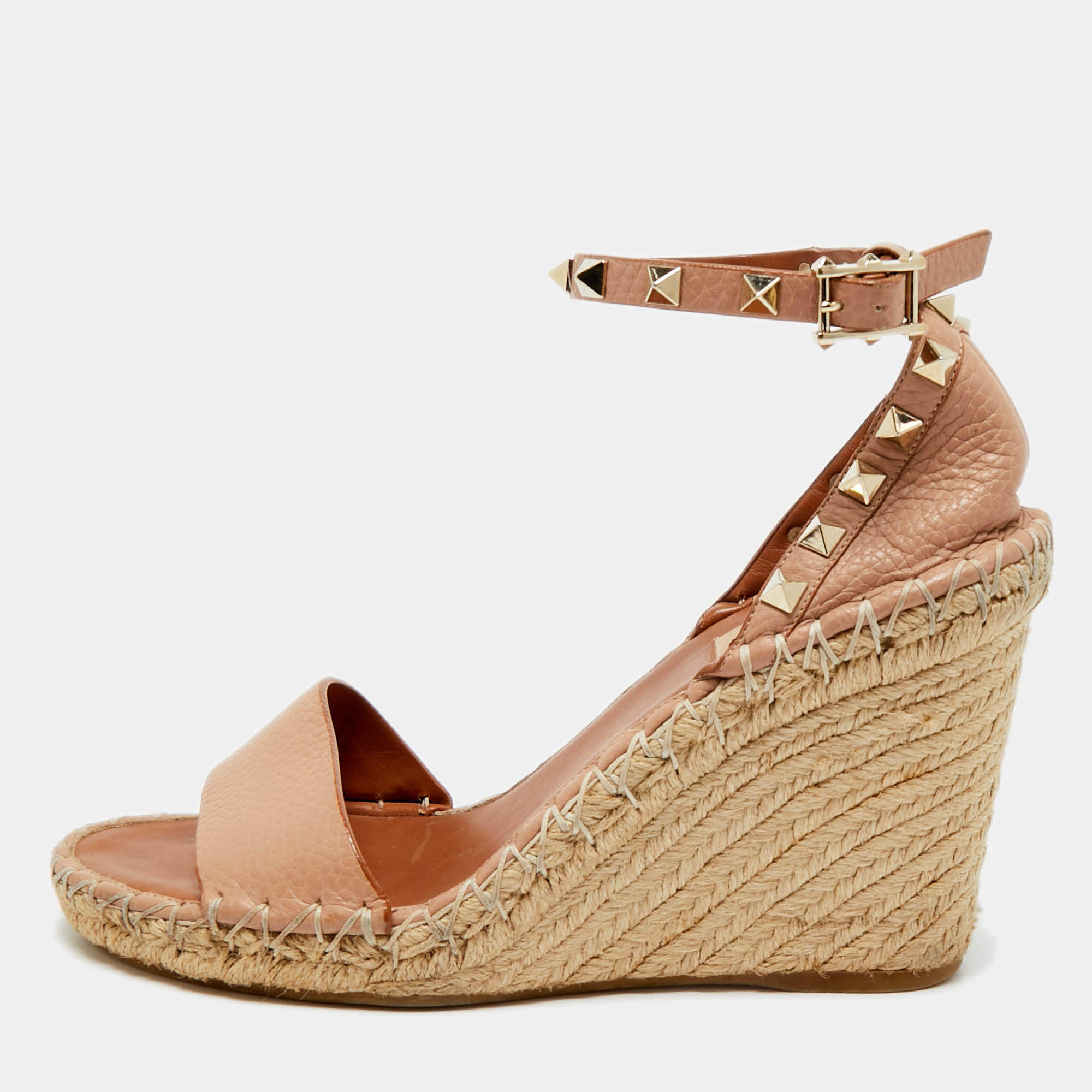 Pre Owned Valentino Beige Leather Rockstud Wedge Sandals Size 38
