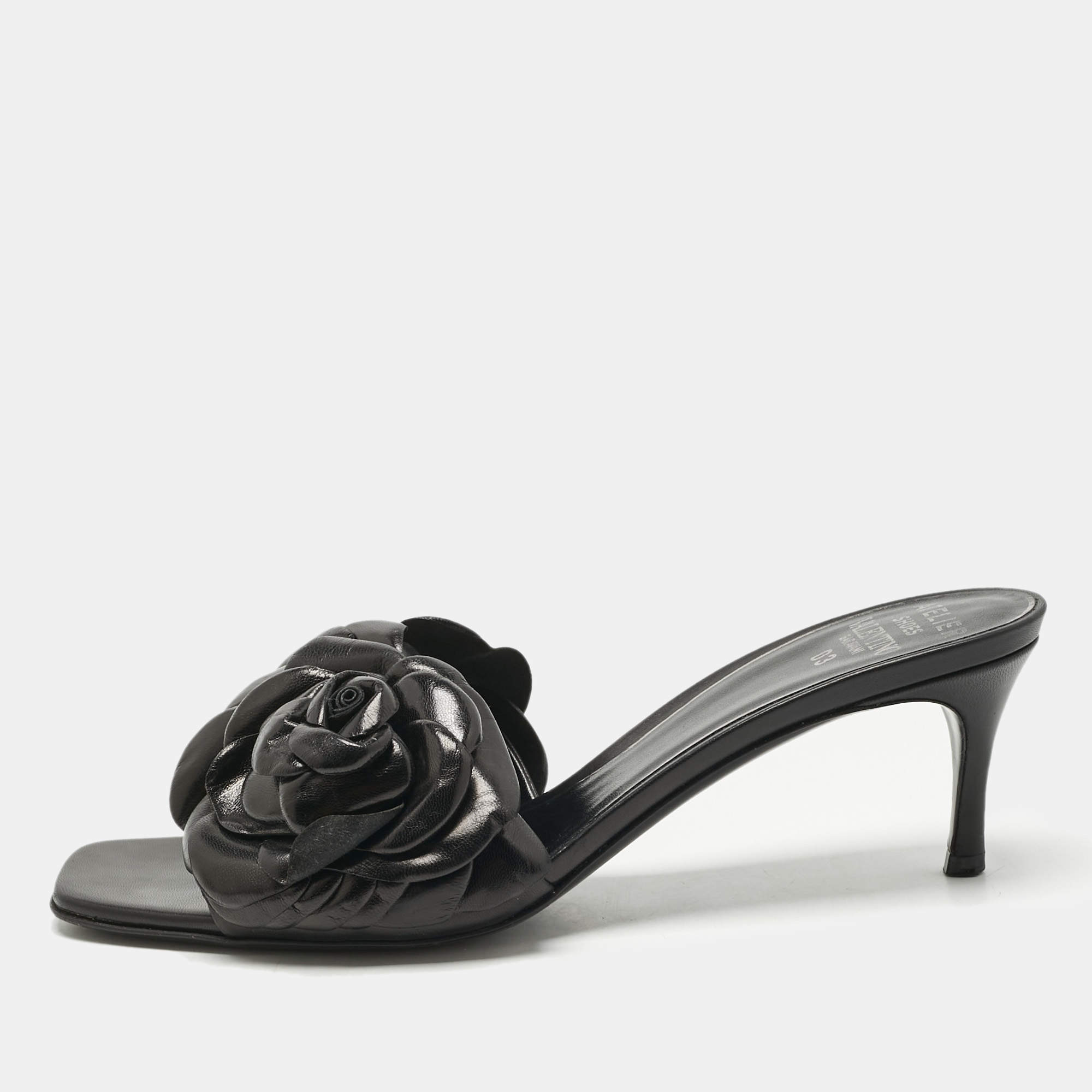Pre Owned Valentino Black Leather Rose Atelier 03 Slide Sandals Size 38