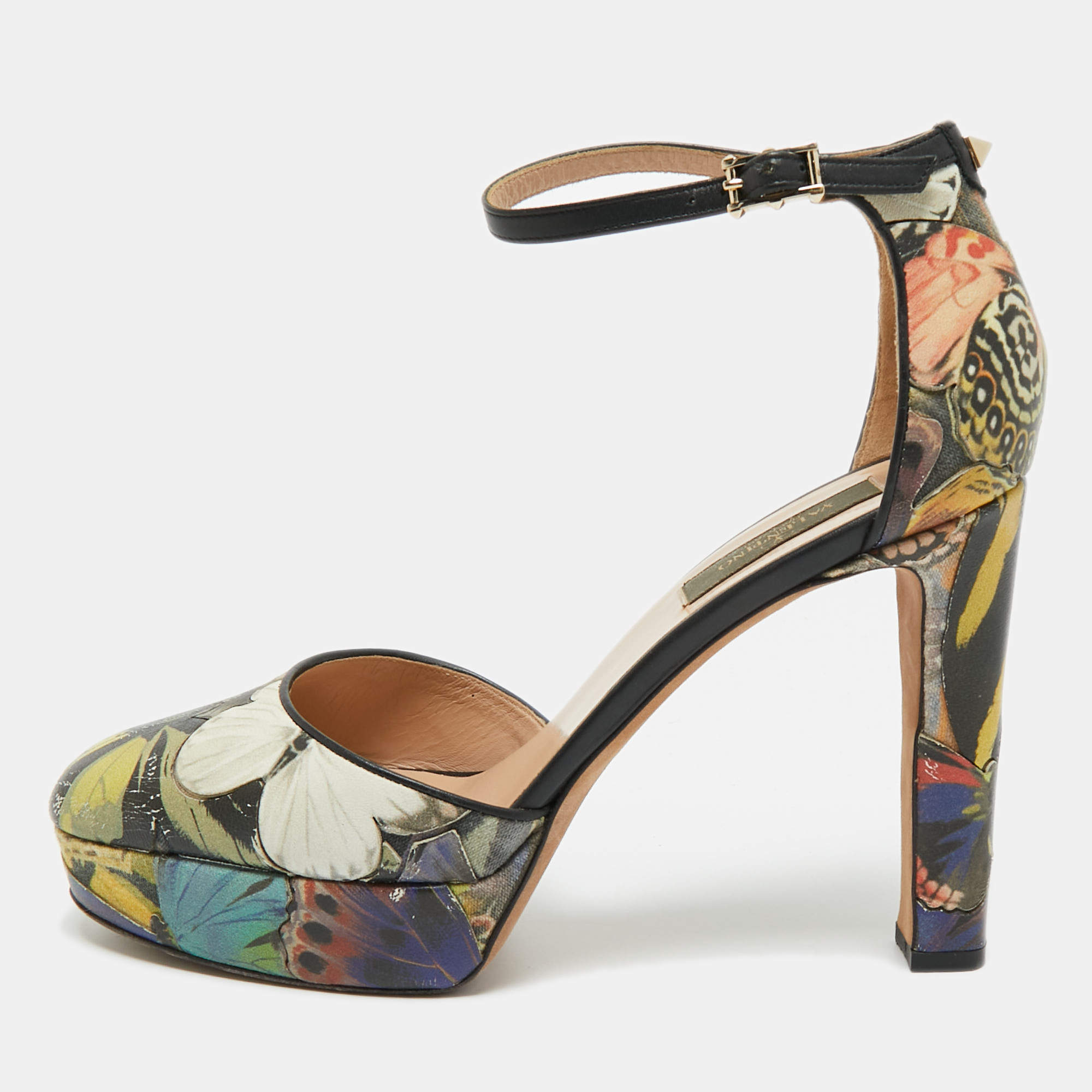 Pre Owned Valentino Multicolor Printed Leather Butterfly Ankle Strap Platform Pumps Size 38