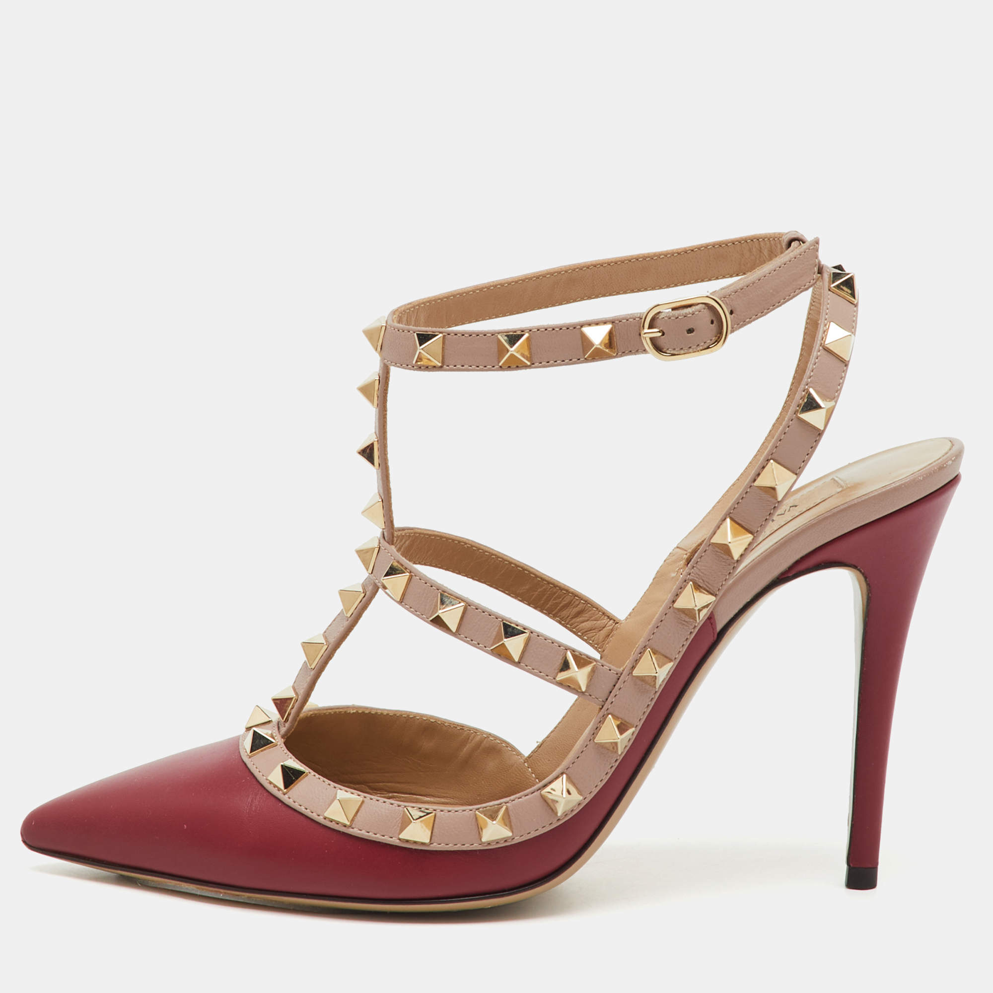 Pre Owned Valentino Red/Beige Leather Rockstud Ankle Strap Pumps Size 39.5