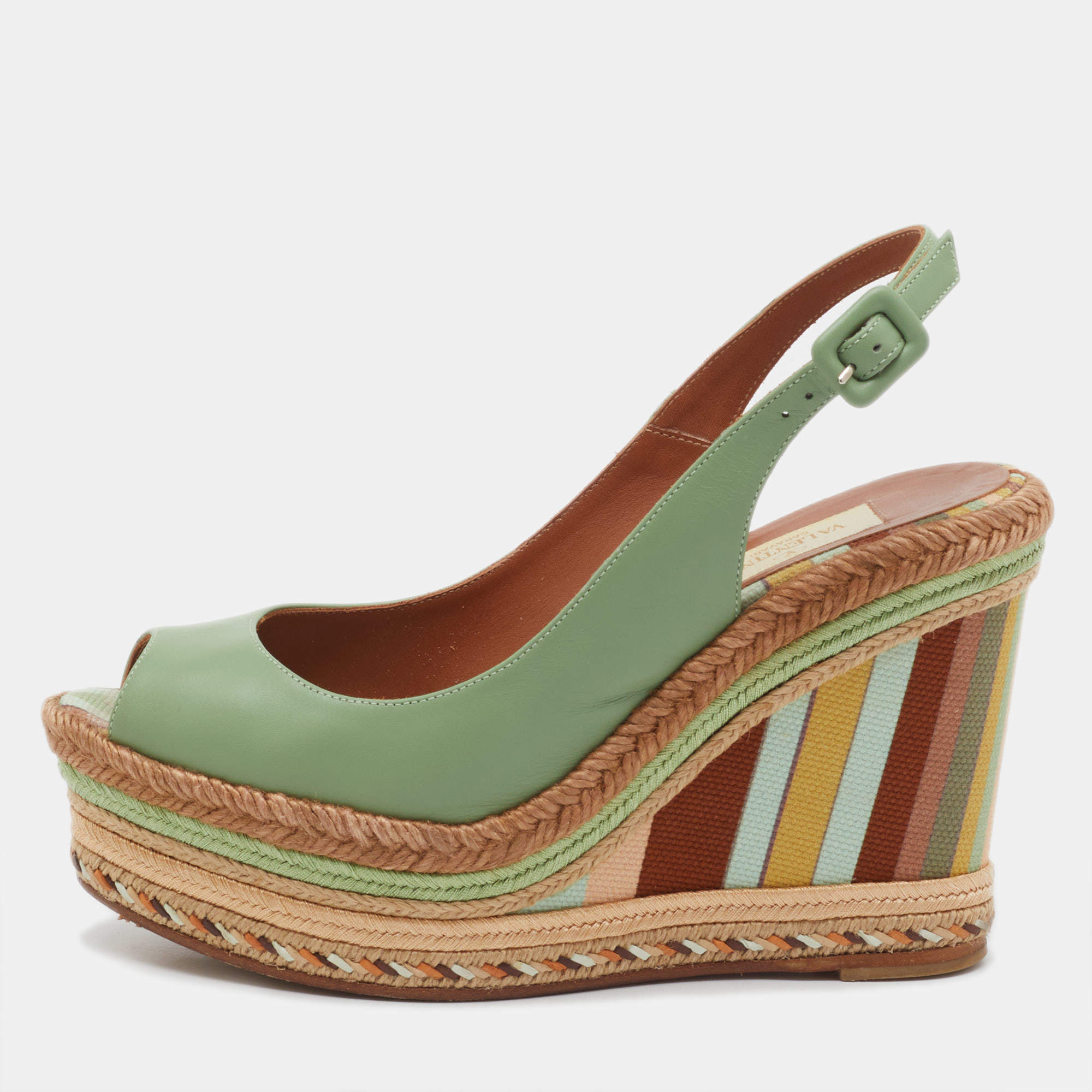 Pre Owned Valentino Light Green Leather Slingback Platform Wedge Sandals Size 38