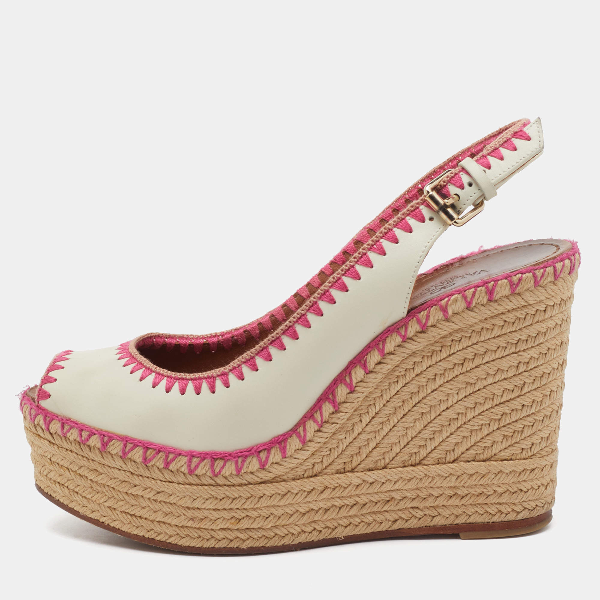 Pre Owned Valentino White Leather Slingback Espadrille Platform Wedge Sandals Size 38