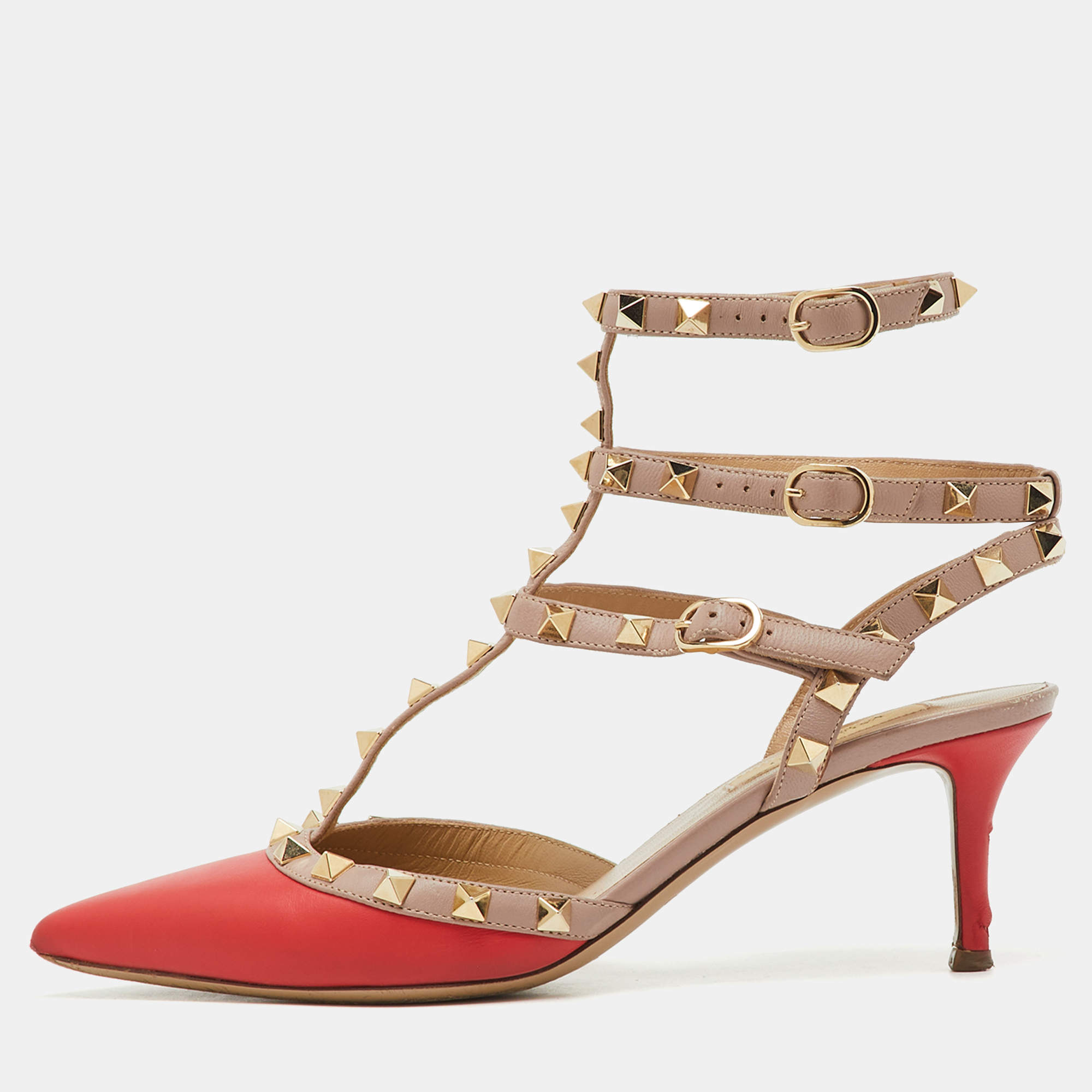 Pre Owned Valentino Red/Beige Leather Rockstud Ankle Strap Pumps Size 37.5