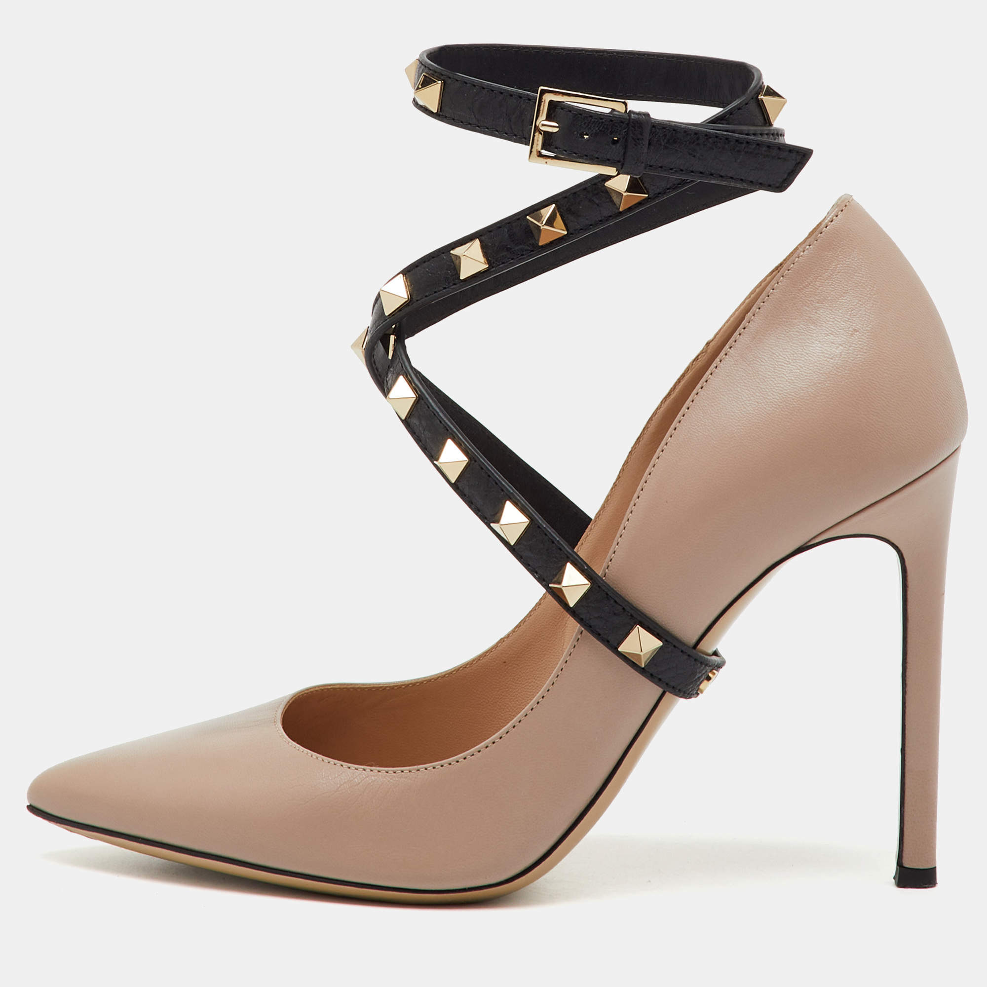 Pre Owned Valentino Beige/Black Leather Rockstud Ankle Wrap Pointed Toe Pumps Size 38