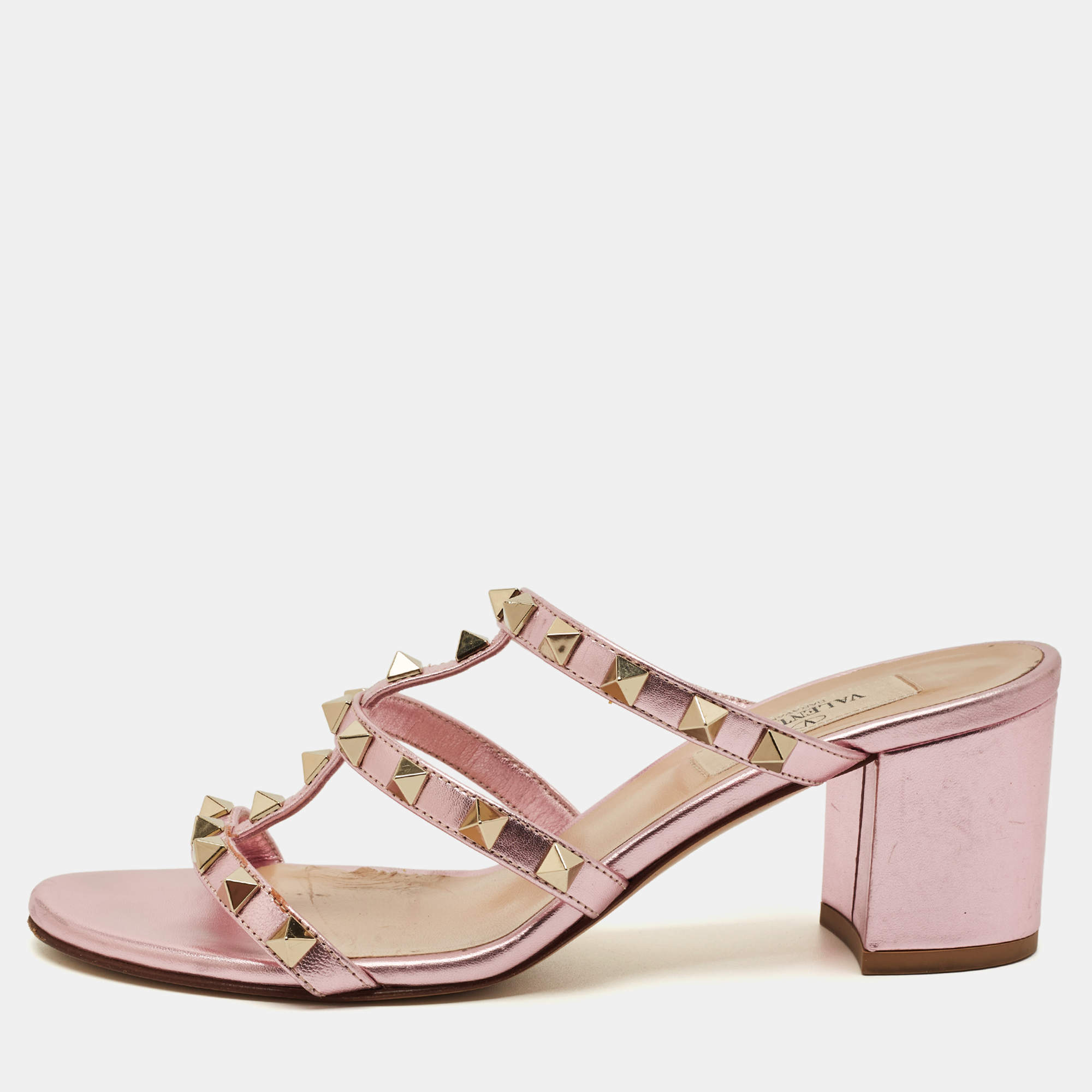 Pre Owned Valentino Metallic Pink Leather Rockstud Slide Sandals Size 36