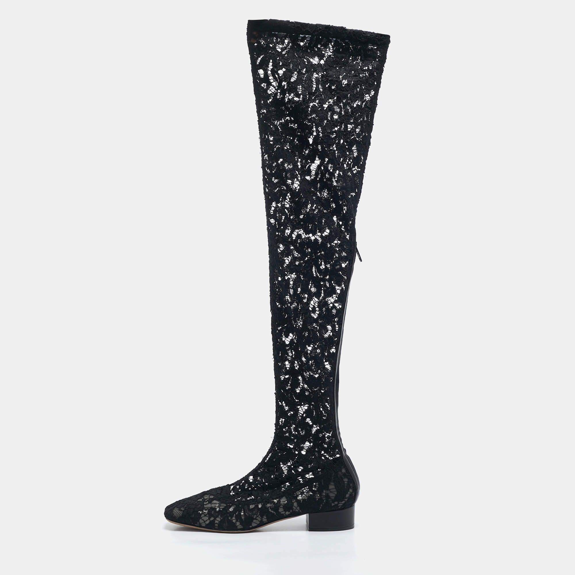 Pre Owned Valentino Black Lace and Mesh Knee Length Boots Size 40