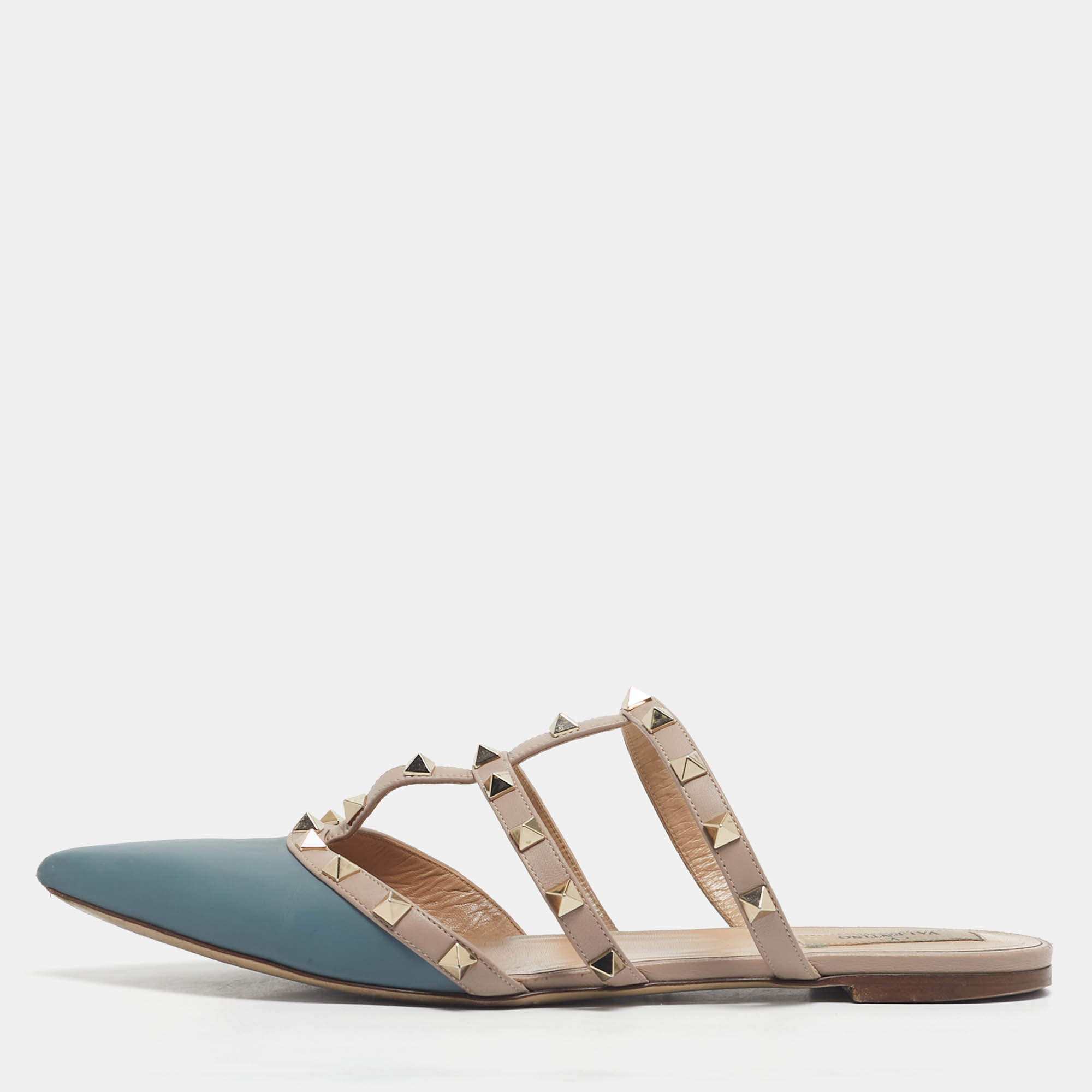 Pre Owned Valentino Grey/Beige Leather Rockstud Mules Size 41