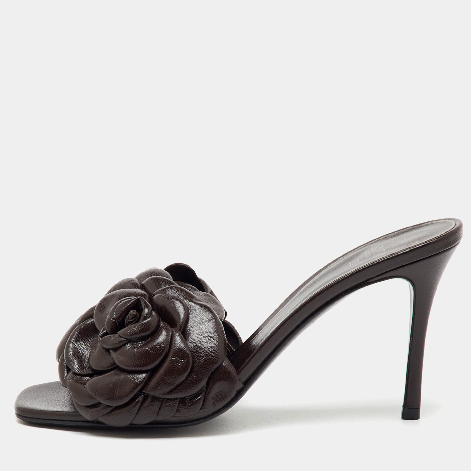 Pre Owned Valentino Dark Brown Leather Atelier 03 Rose Edition Slide Sandals Size 37