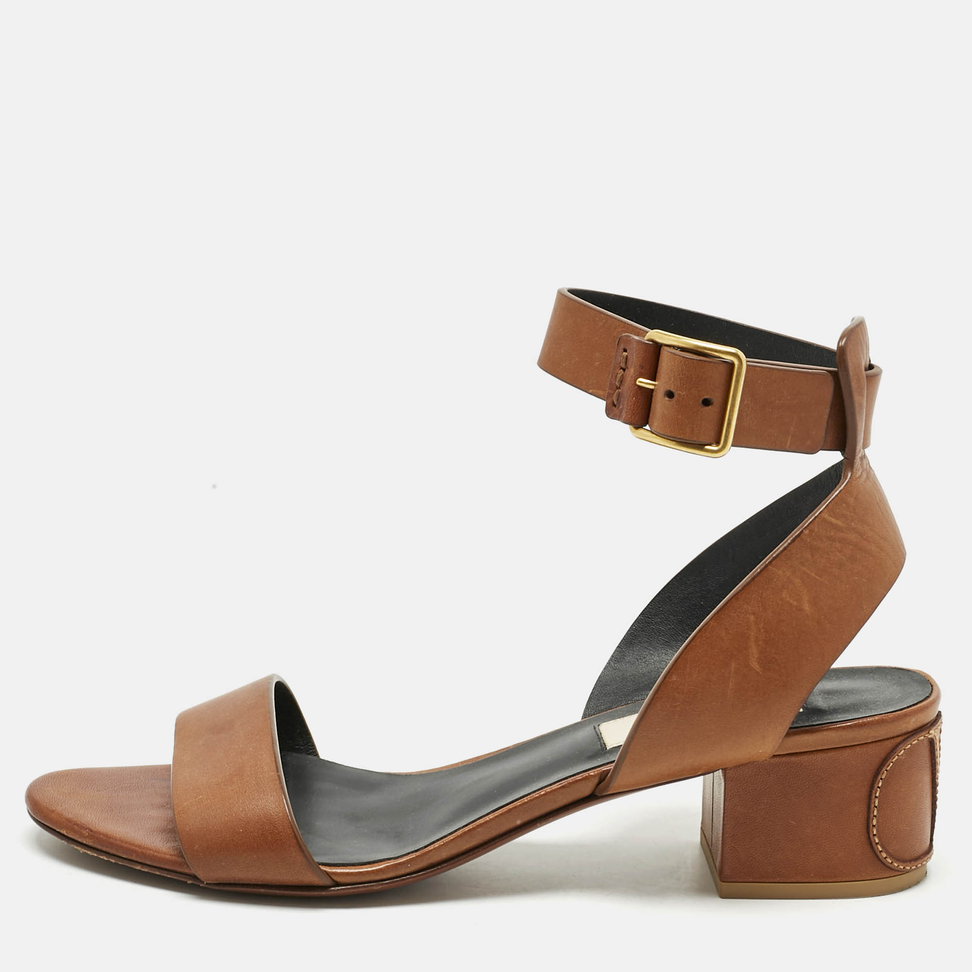 Pre Owned Valentino Brown Leather Ankle Strap Block Heel Sandals Size 35.5