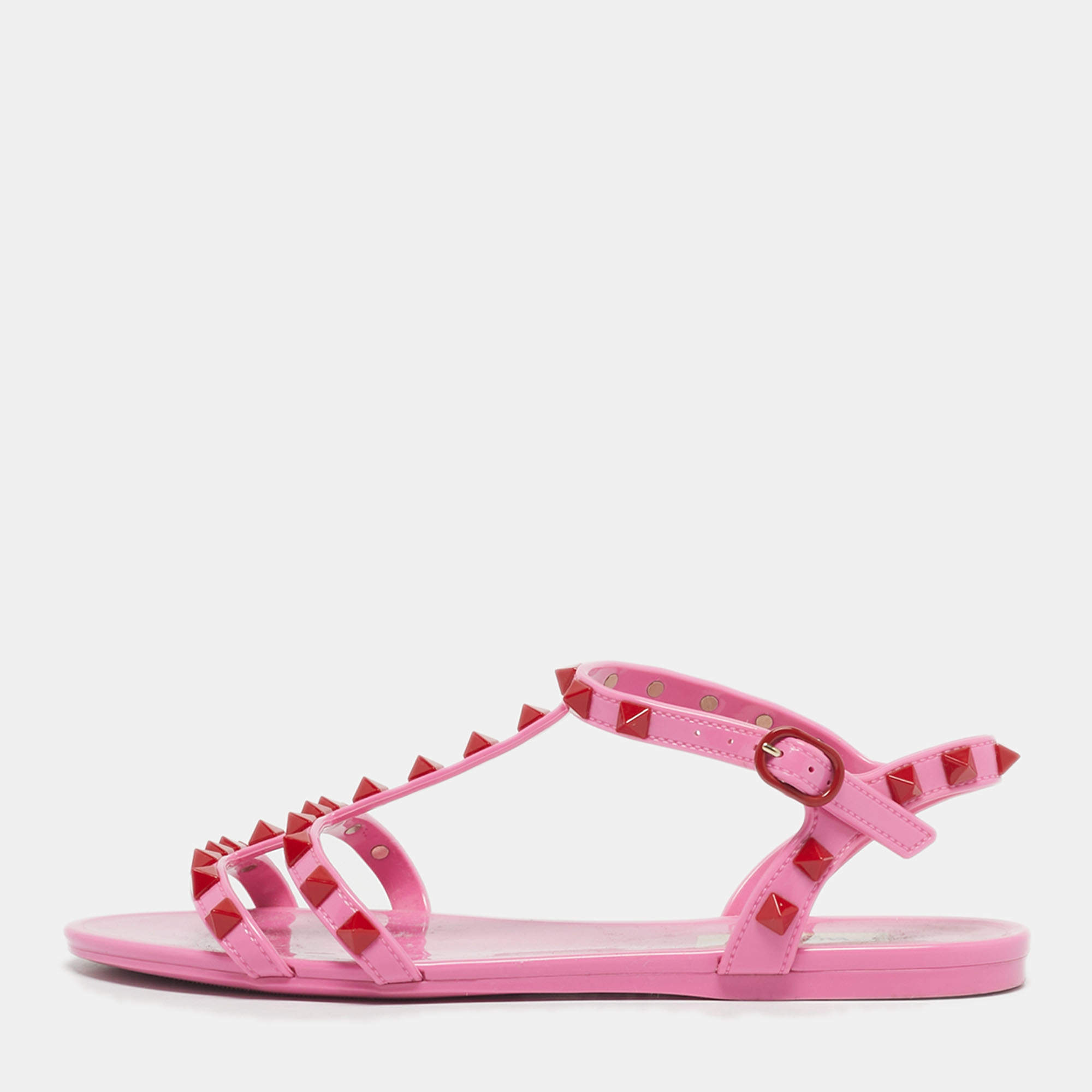 Pre Owned Valentino Pink Rubber Rockstud Ankle Strap Flat Sandals Size 36
