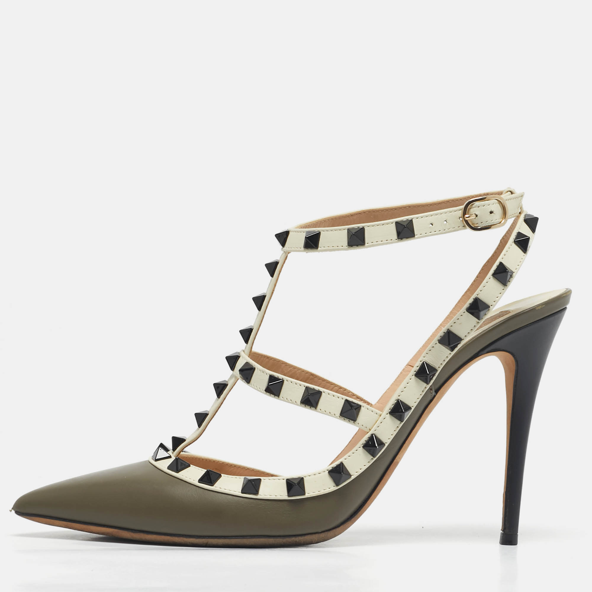 Pre Owned Valentino Grey/Cream Leather Rockstud Ankle Strap Pumps Size 41