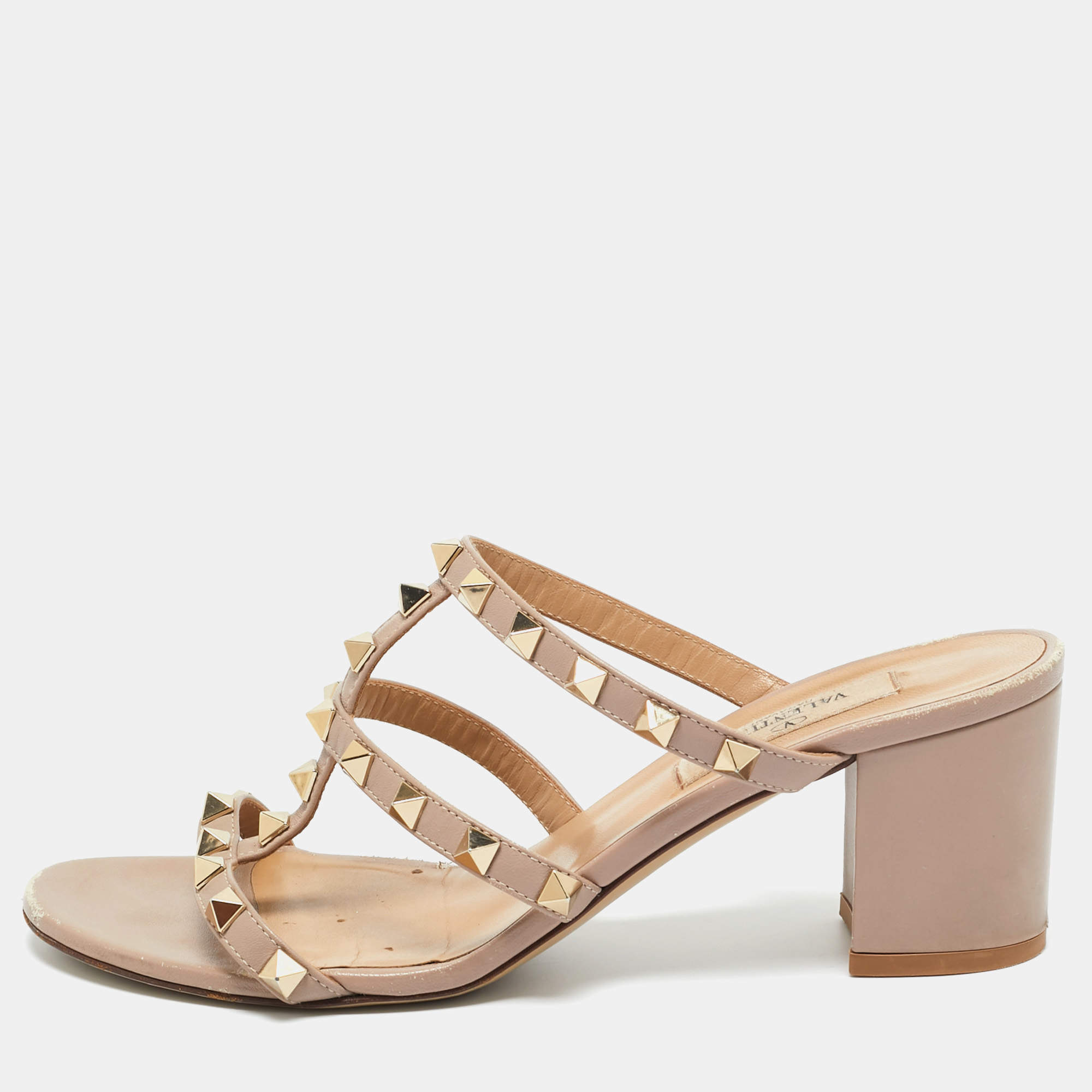 Pre Owned Valentino Beige Leather Rockstud Slide Sandals Size 37