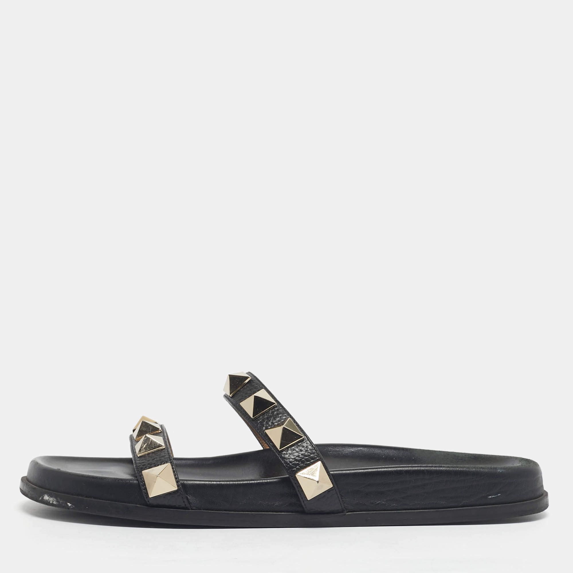 Pre Owned Valentino Black Leather Rockstud Flat Slide Size 41