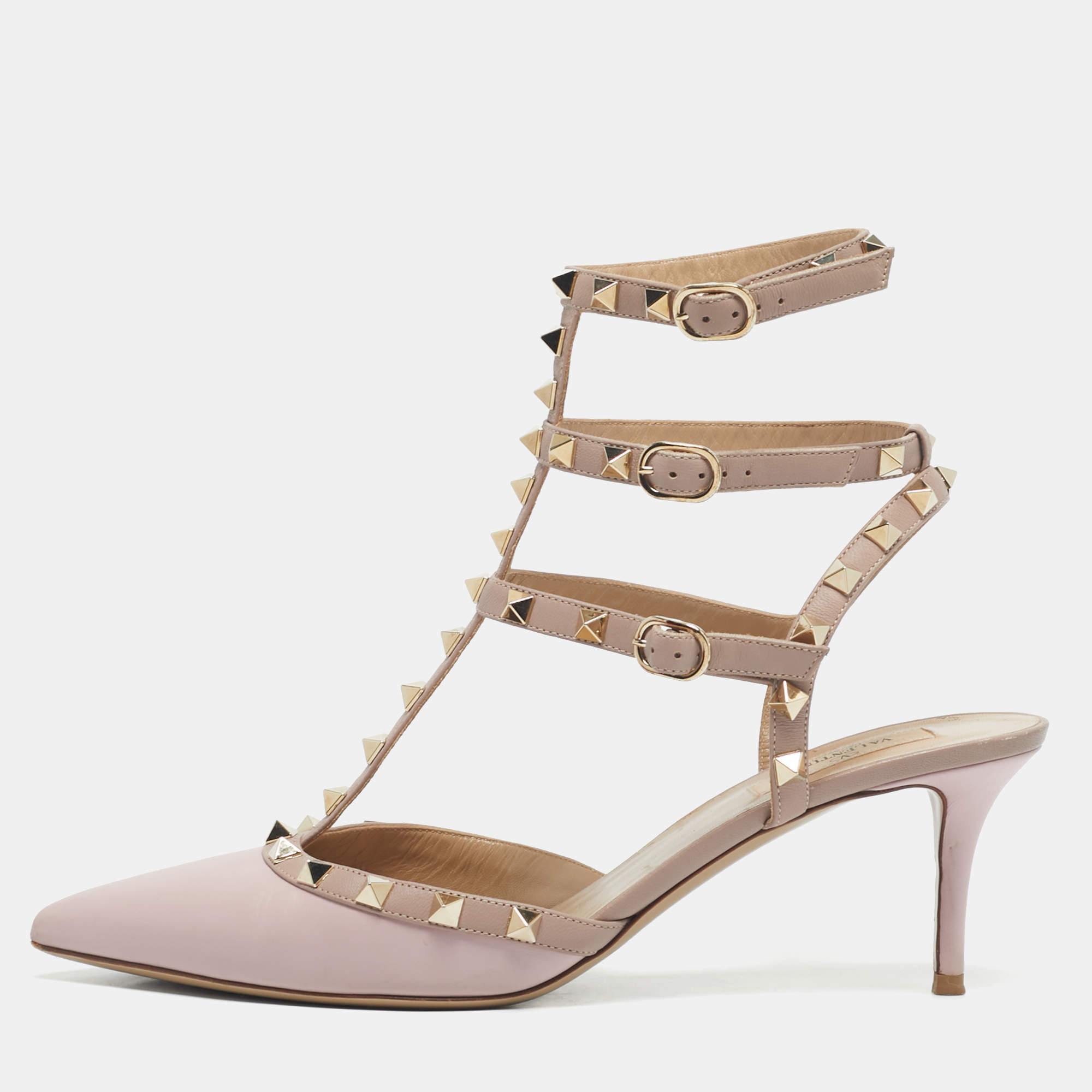 Pre Owned Valentino Blush Pink Leather Rockstud Ankle Strap Pumps Size 41