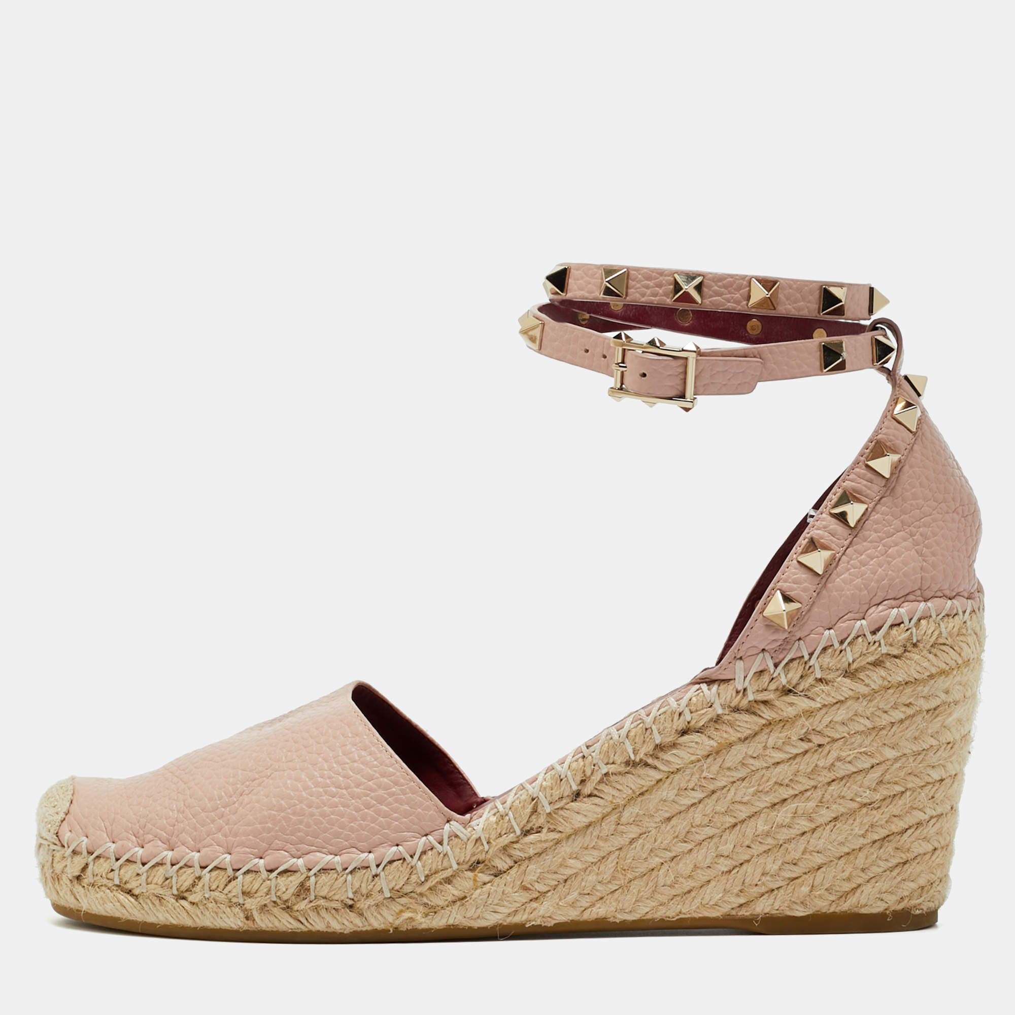 Pre Owned Valentino Blush Pink Leather Rockstud Ankle Strap Wedge Espadrille Sandals Size 41
