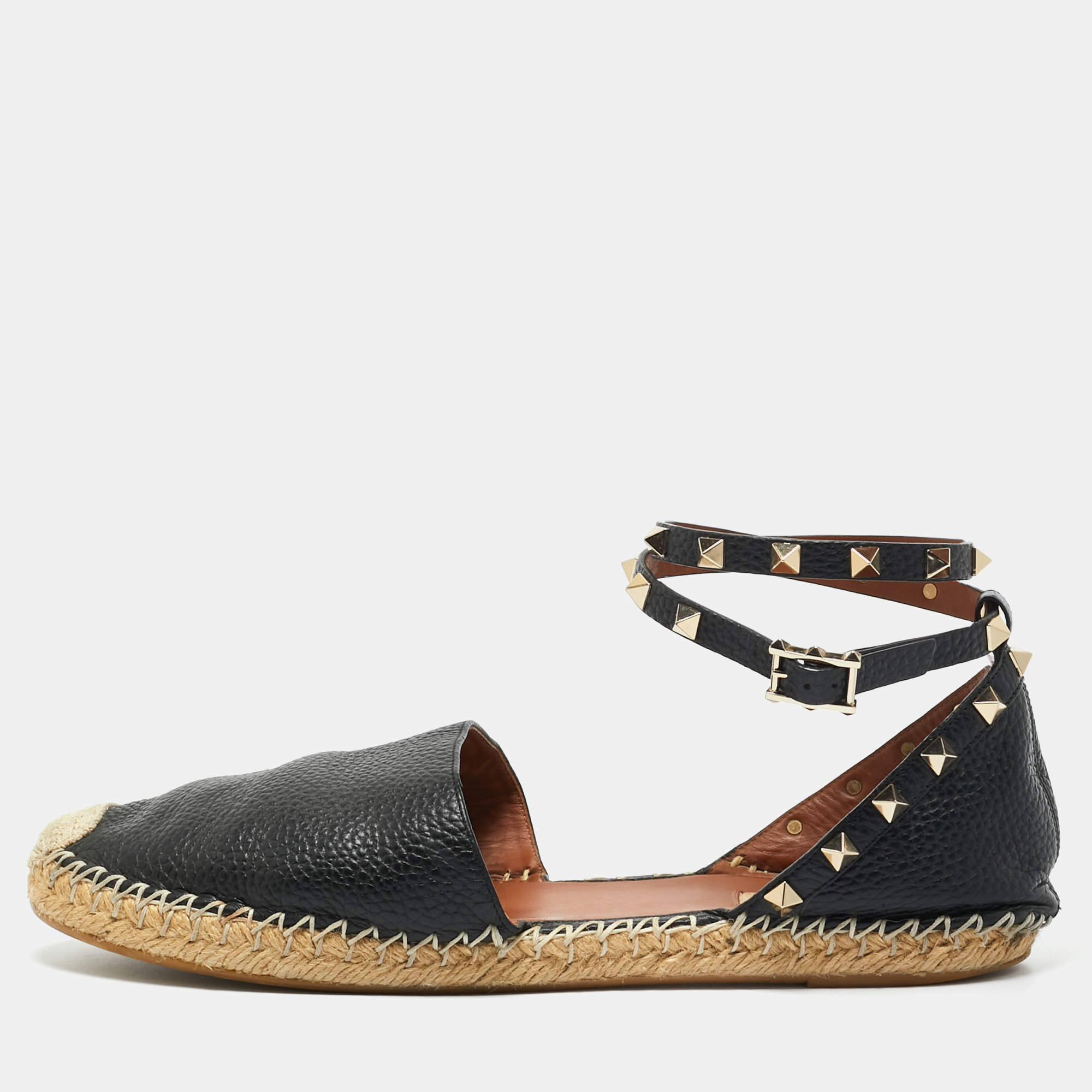 Pre Owned Valentino Black Leather Rockstud Espadrilles Ankle Strap Flats Size 41