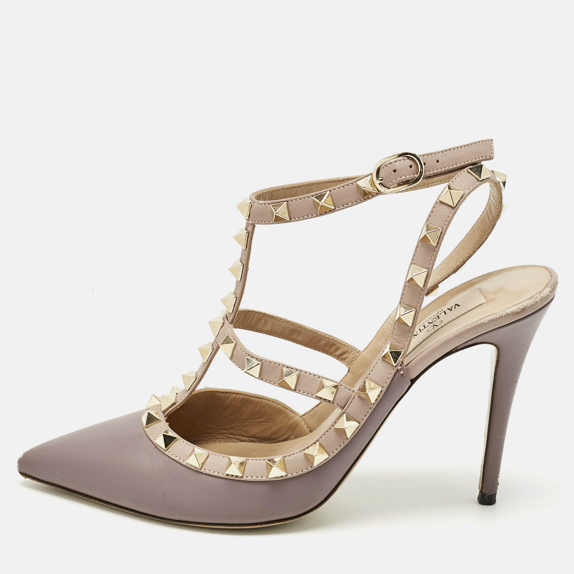 Pre Owned Valentino Pale Purple Leather Rockstud Ankle Strap Pumps Size 38.5