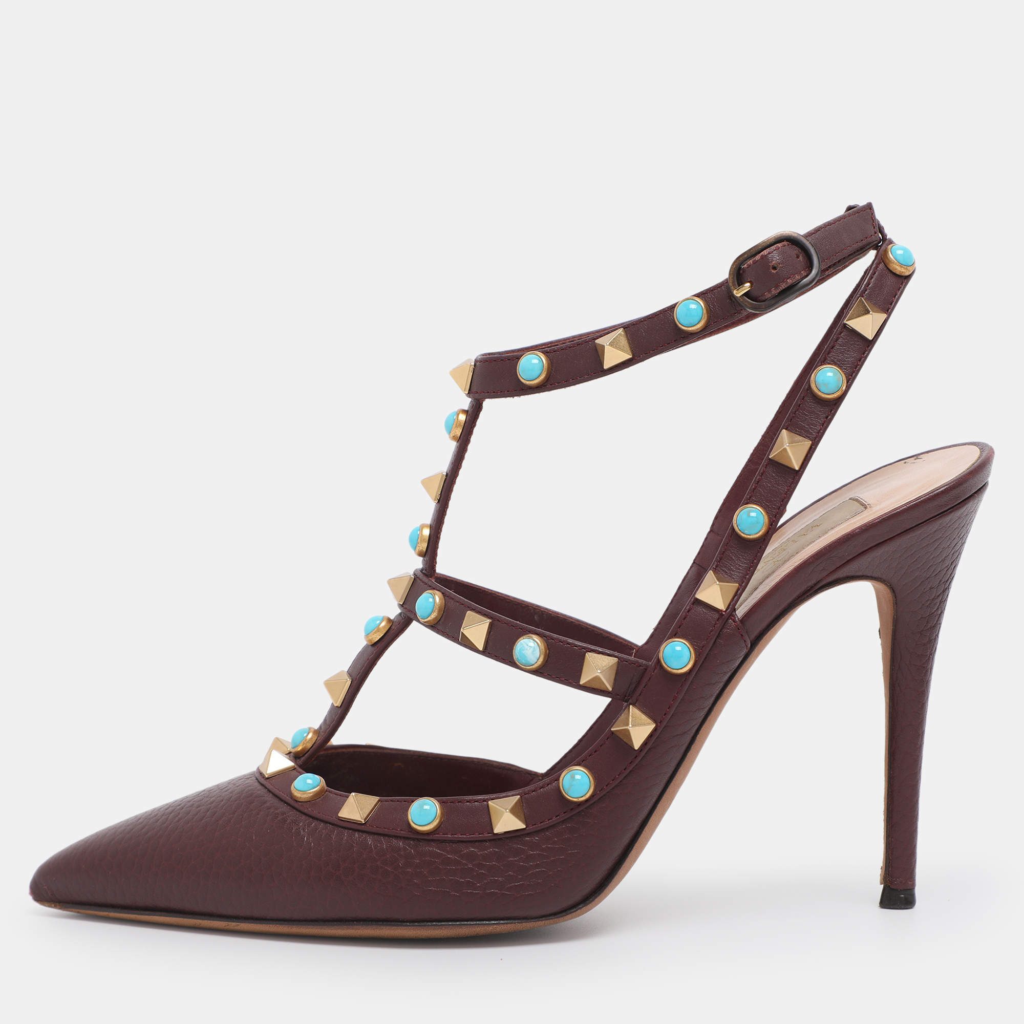 Pre Owned Valentino Burgundy Leather Rolling Rockstud Ankle Strap Sandals Size 39