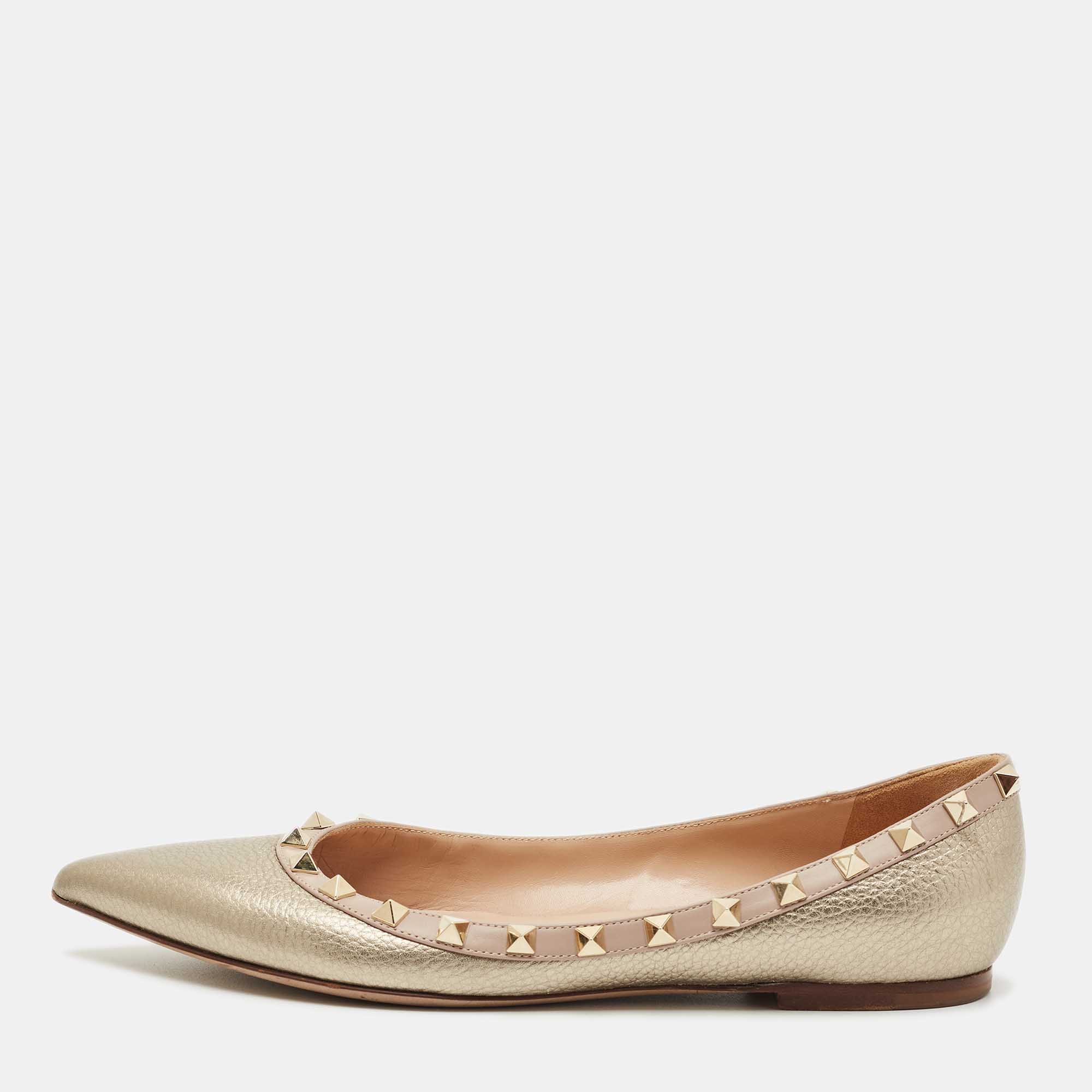 Pre Owned Valentino Gold/Dusty Pink Leather Rockstud Ballet Flats Size 39
