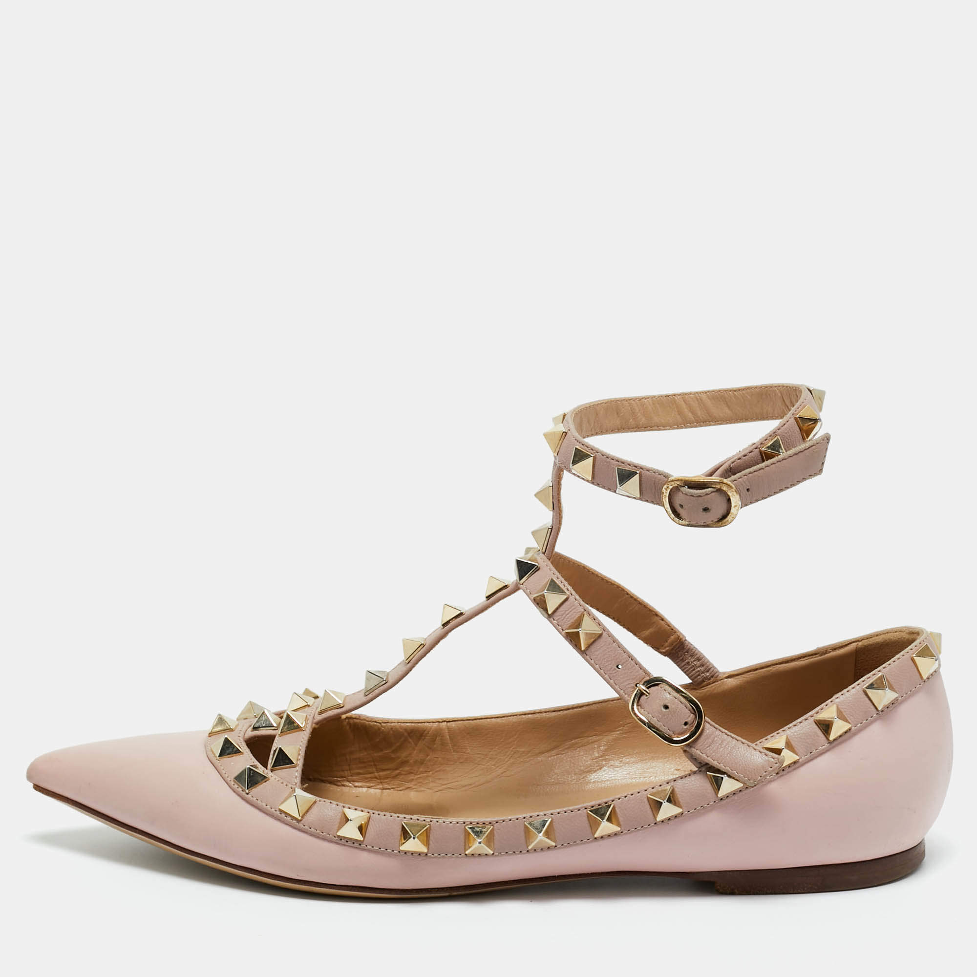 Pre Owned Valentino Pink Leather Rockstud Ballet Flats Size 37